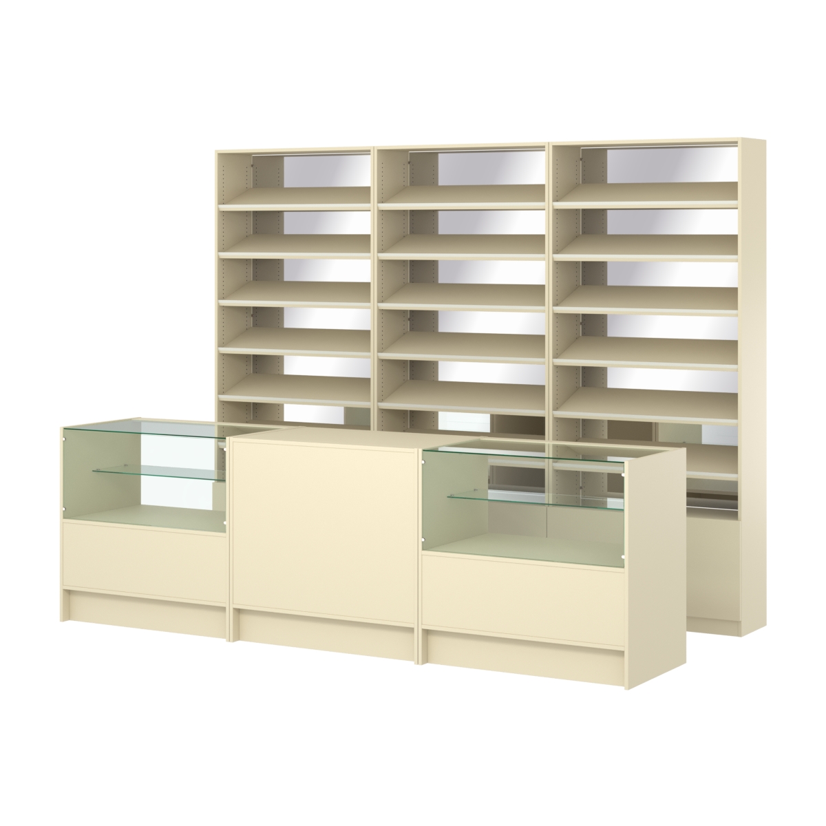 Комплект стеллажей с наклонными полками ДСП TI-6 №12-2 и прилавков ЭК-03 Крем Вайс