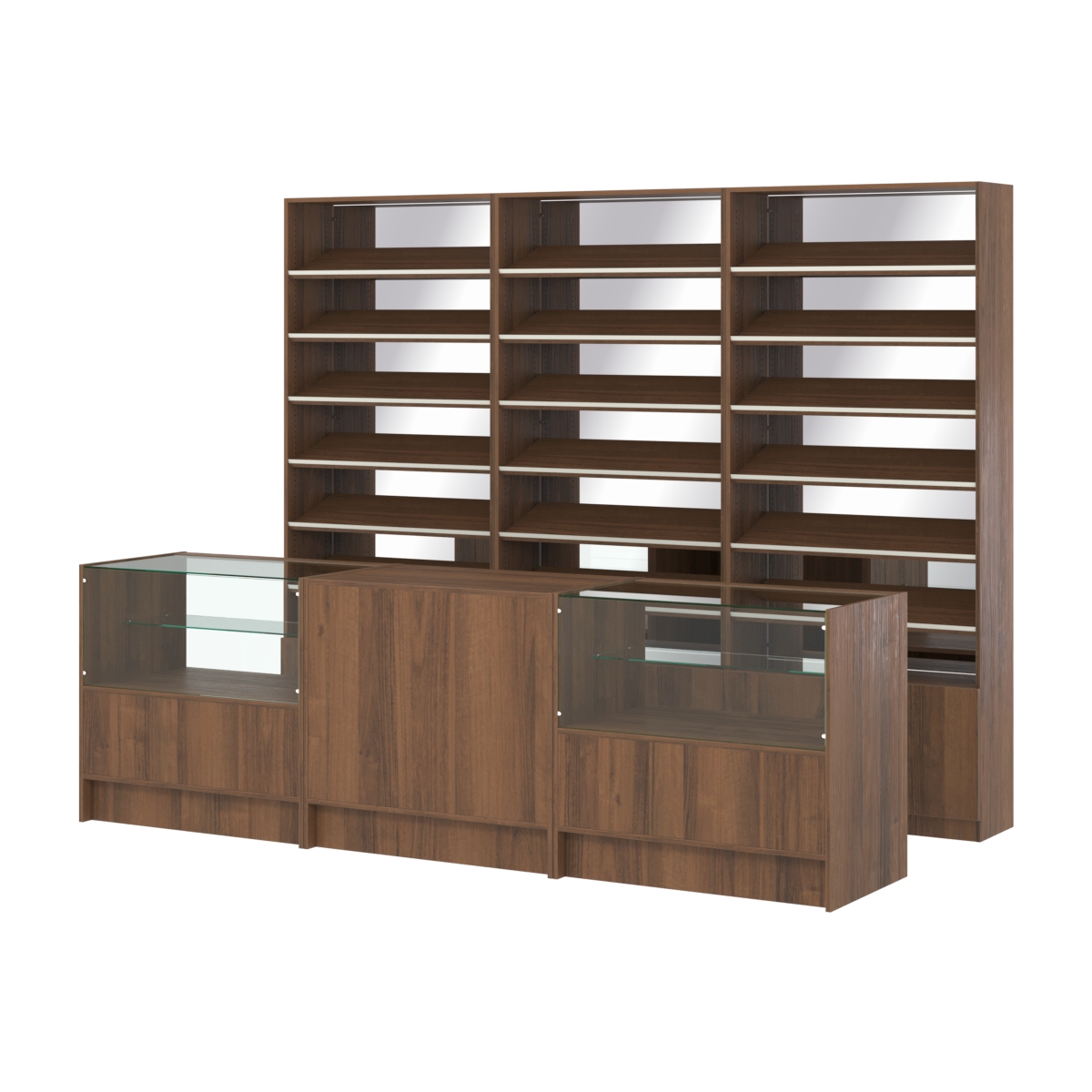 Комплект стеллажей с наклонными полками ДСП TI-6 №12-2 и прилавков ЭК-03 Орех