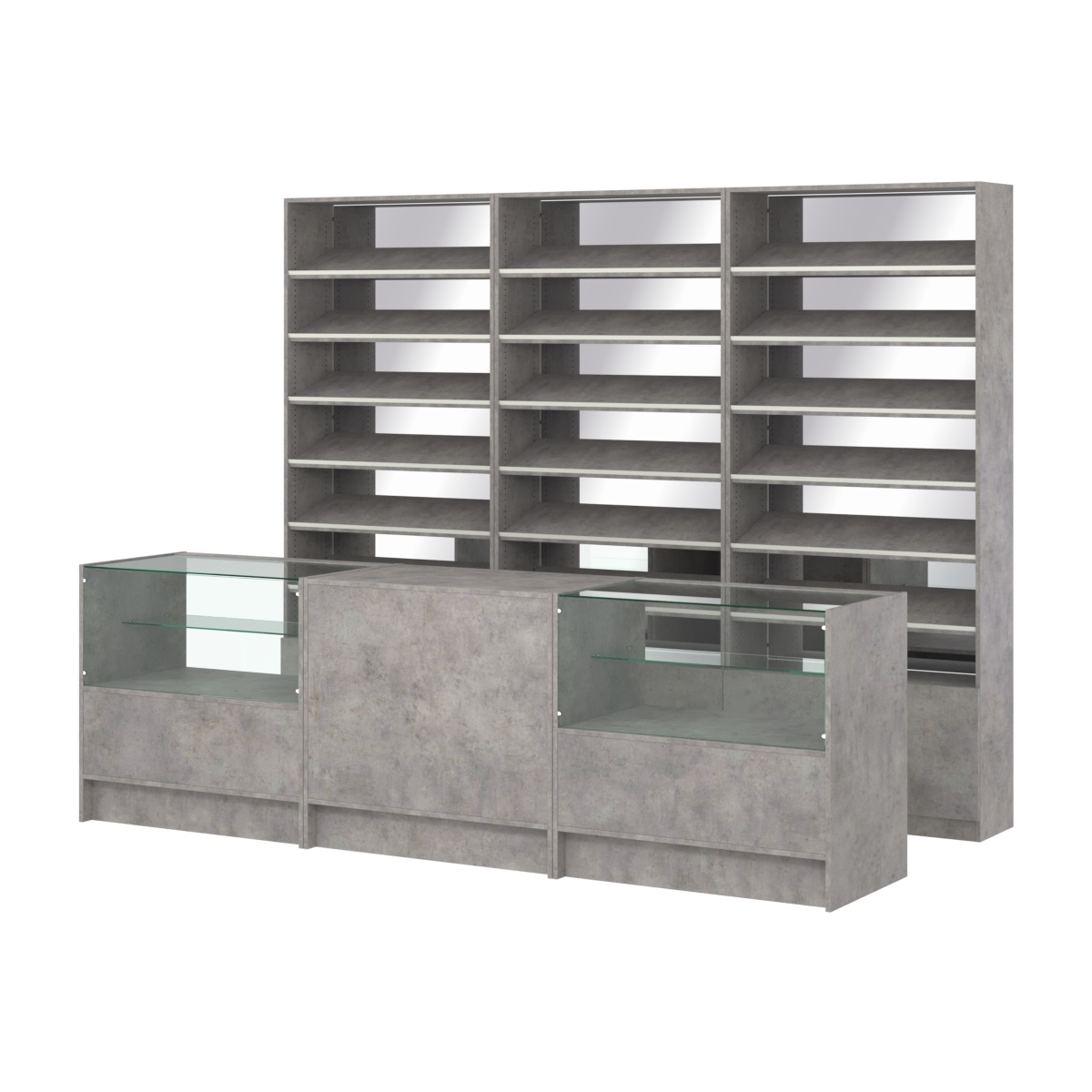 Комплект стеллажей с наклонными полками ДСП TI-6 №12-2 и прилавков ЭК-03 Бетон Чикаго светло-серый F186 ST9