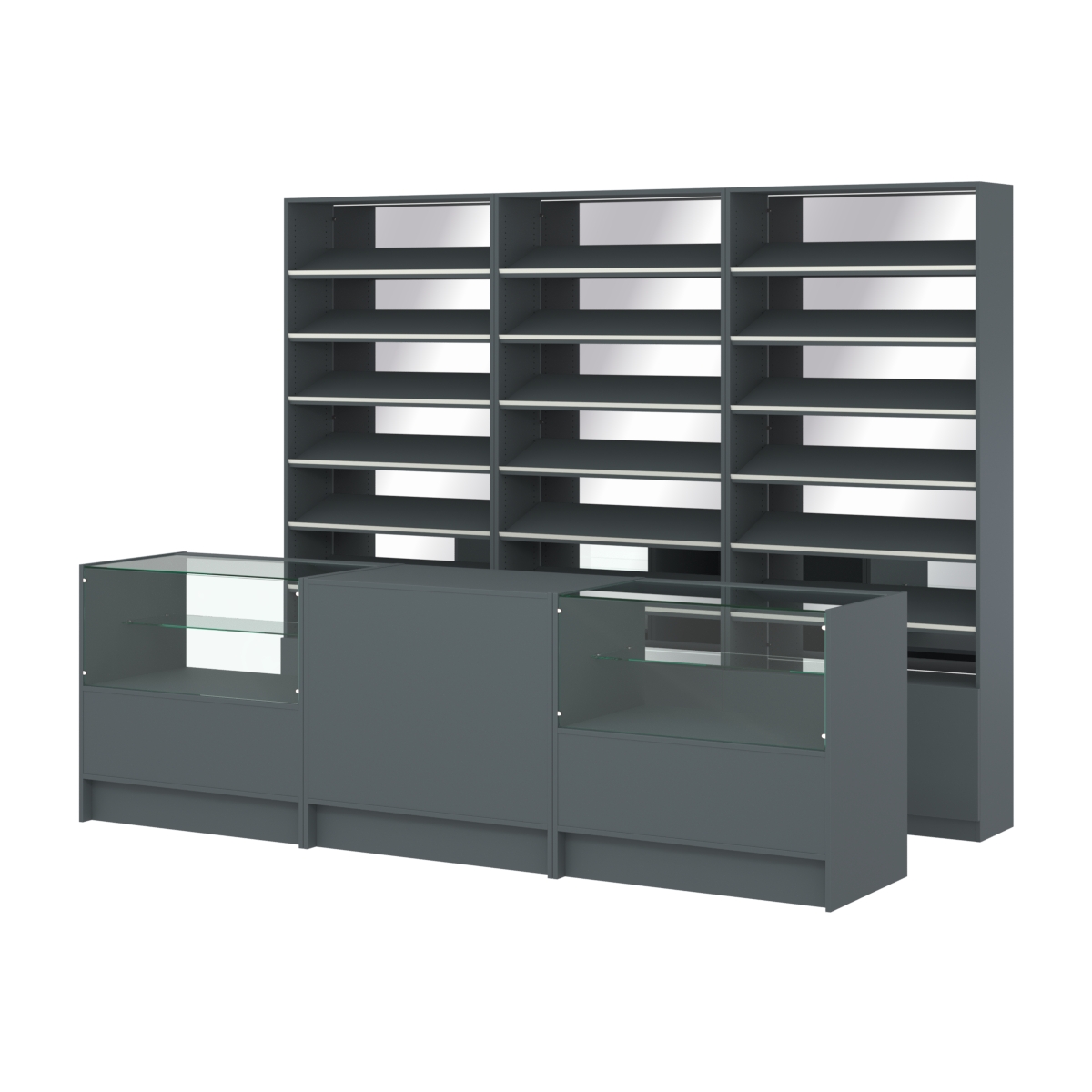 Комплект стеллажей с наклонными полками ДСП TI-6 №12-2 и прилавков ЭК-03 Темно-Серый