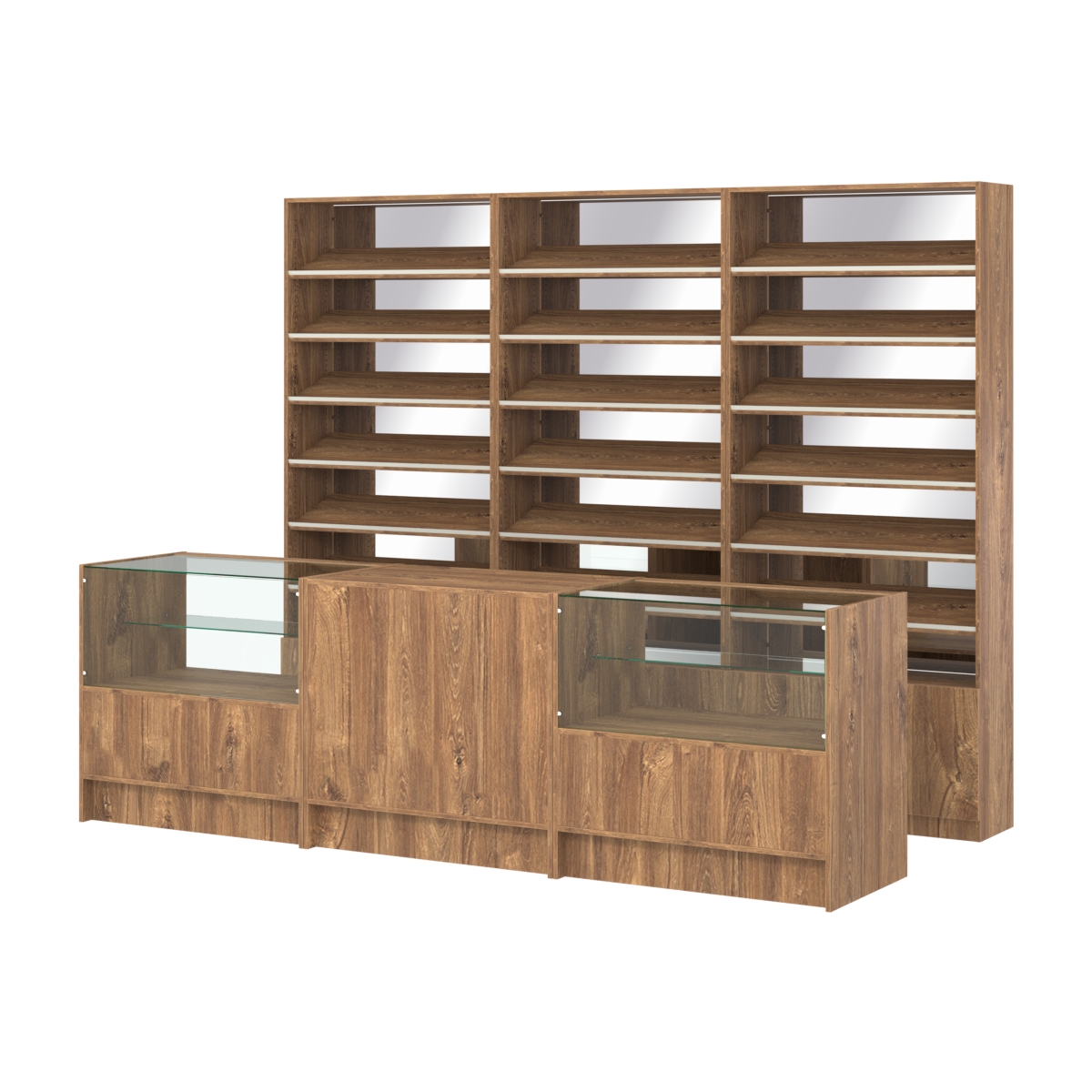 Комплект стеллажей с наклонными полками ДСП TI-6 №12-2 и прилавков ЭК-03 Дуб Канзас коричневый