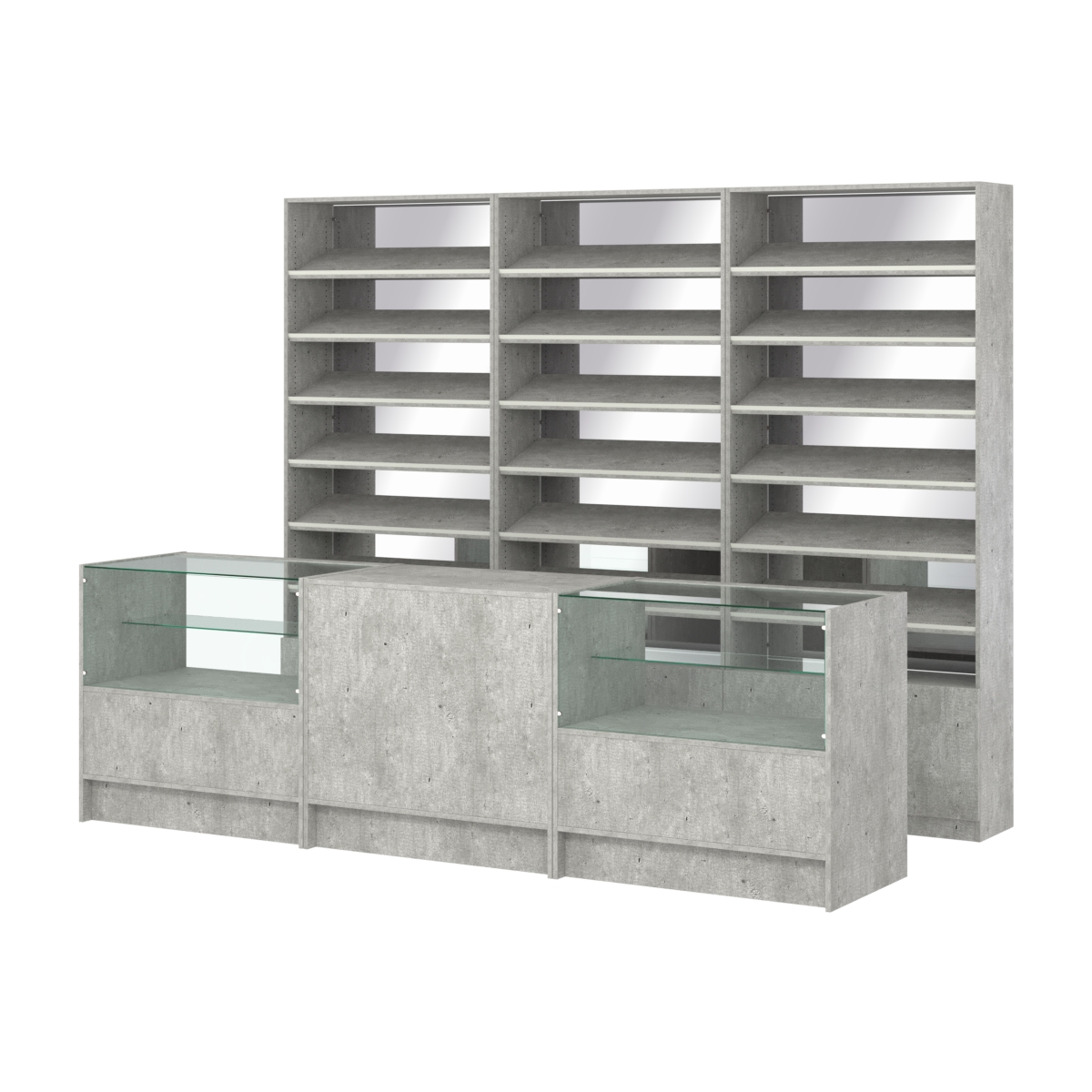 Комплект стеллажей с наклонными полками ДСП TI-6 №12-2 и прилавков ЭК-03 Метрополитан Грей