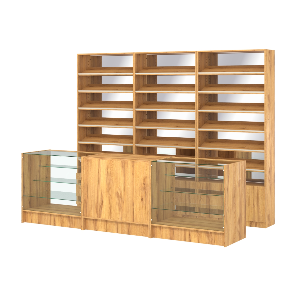 Комплект стеллажей с наклонными полками ДСП TI-6 №12-2 и прилавков ЭК-04 Дуб Золотистый