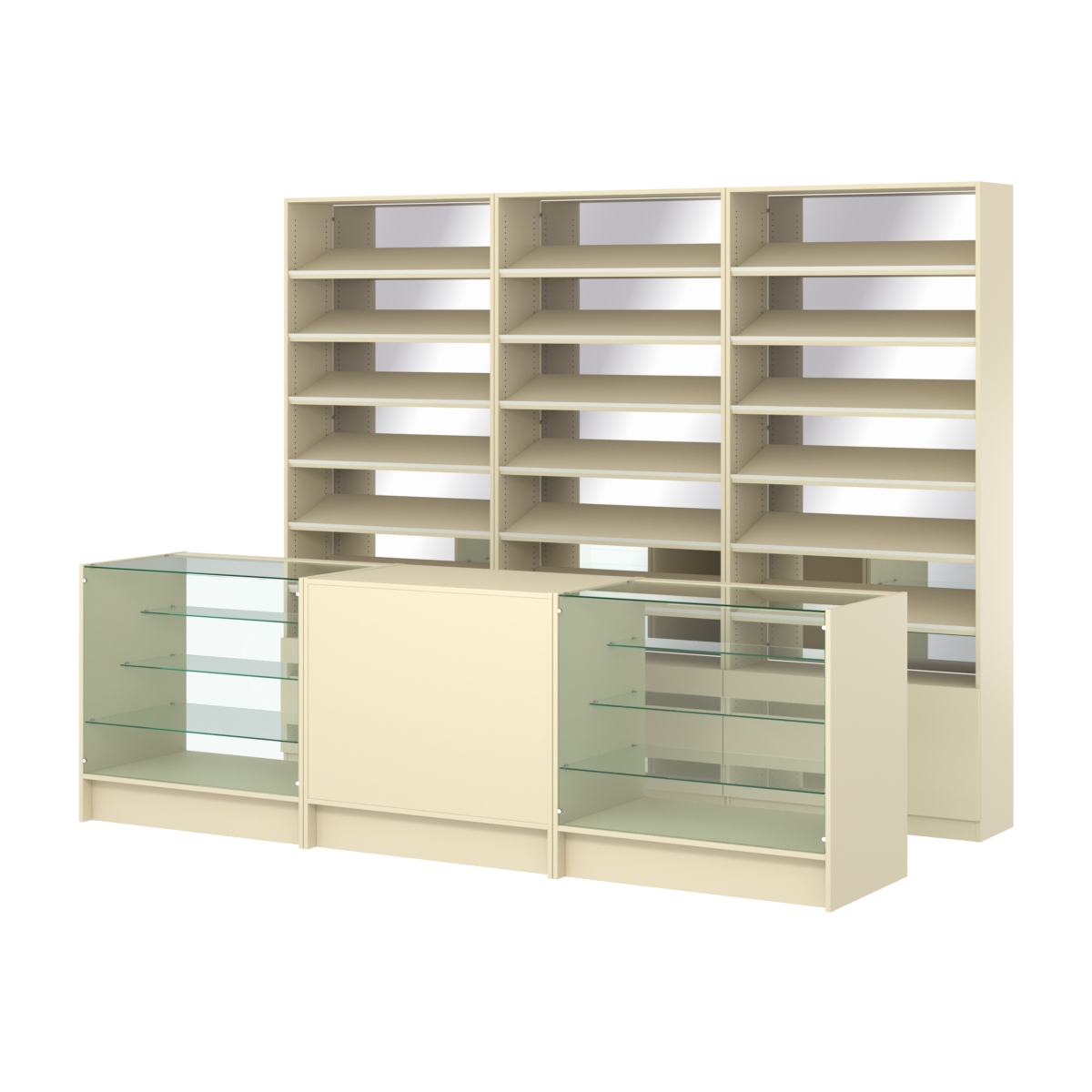 Комплект стеллажей с наклонными полками ДСП TI-6 №12-2 и прилавков ЭК-04 Крем Вайс