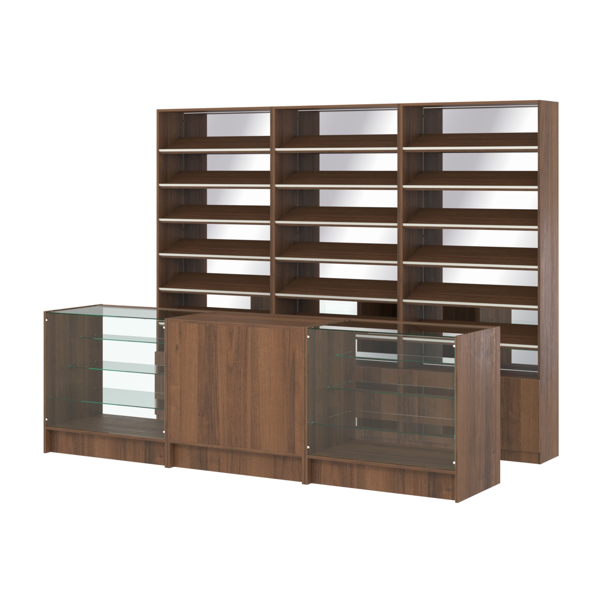 Комплект стеллажей с наклонными полками ДСП TI-6 №12-2 и прилавков ЭК-04 Орех