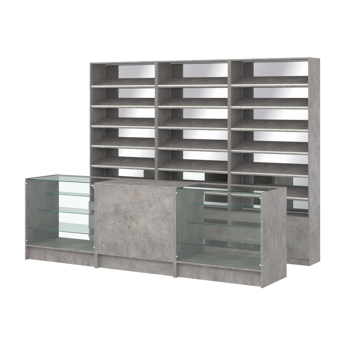 Комплект стеллажей с наклонными полками ДСП TI-6 №12-2 и прилавков ЭК-04 Бетон Чикаго светло-серый F186 ST9