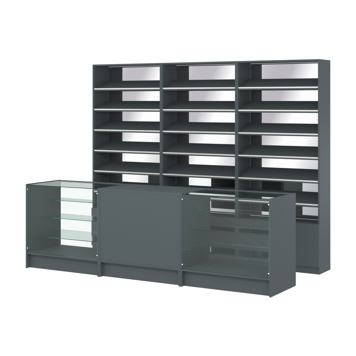 Комплект стеллажей с наклонными полками ДСП TI-6 №12-2 и прилавков ЭК-04 Темно-Серый