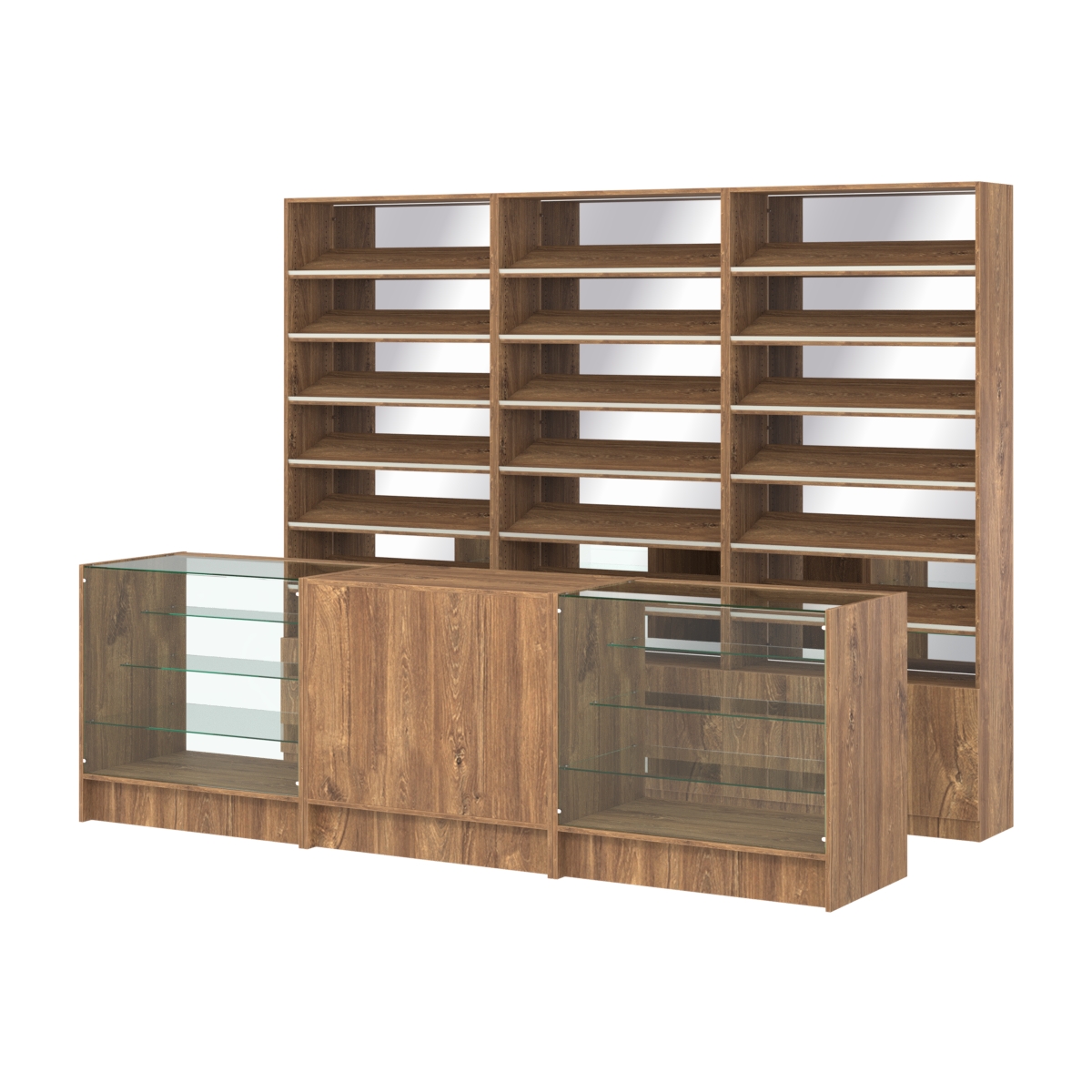 Комплект стеллажей с наклонными полками ДСП TI-6 №12-2 и прилавков ЭК-04 Дуб Канзас коричневый