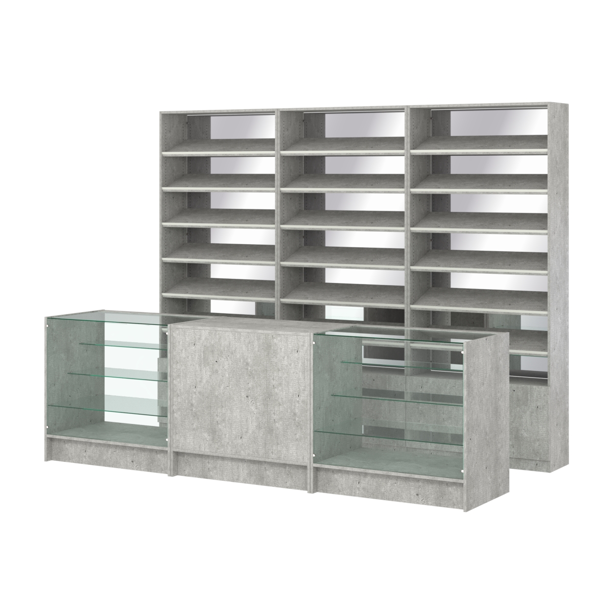 Комплект стеллажей с наклонными полками ДСП TI-6 №12-2 и прилавков ЭК-04 Метрополитан Грей