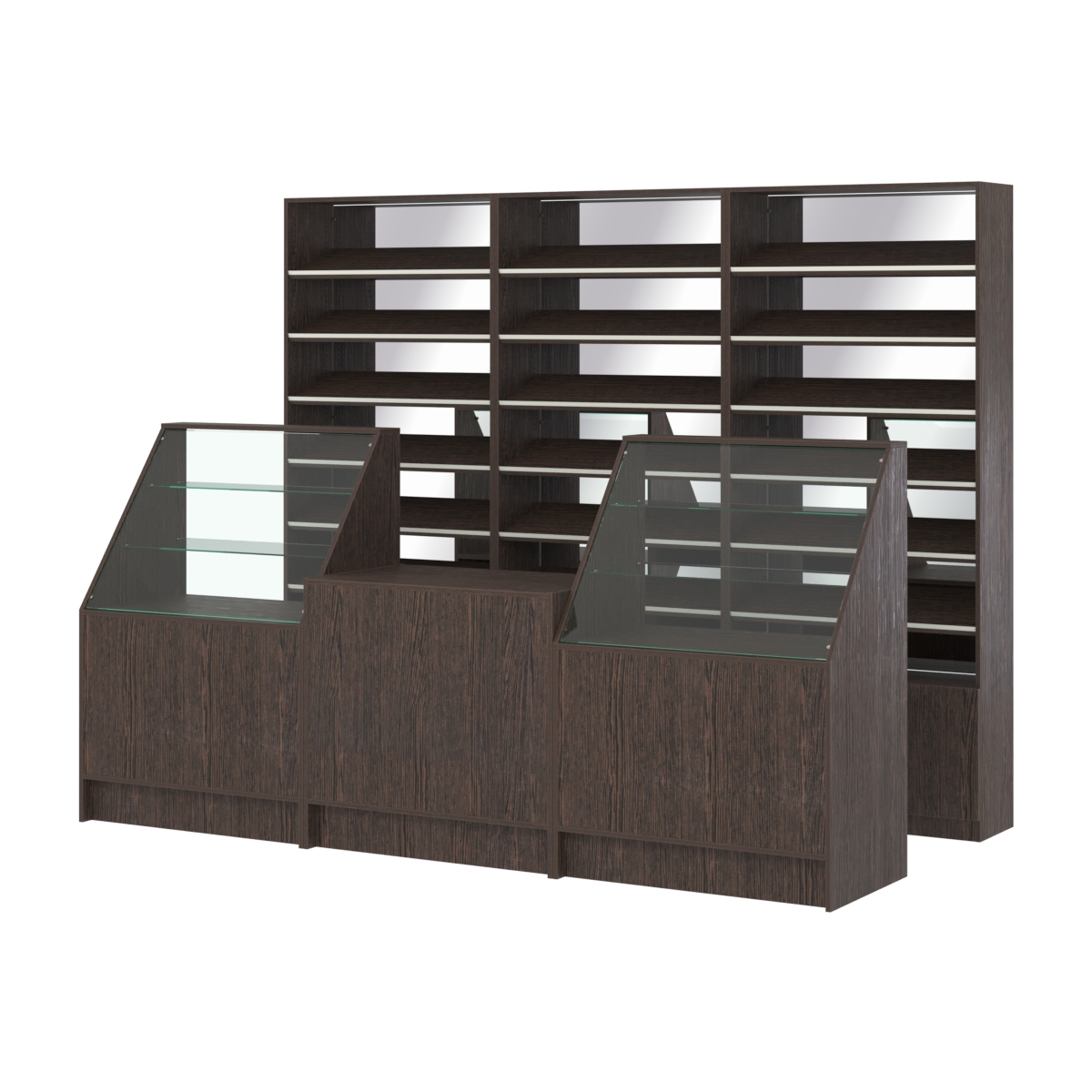 Комплект стеллажей с наклонными полками ДСП TI-6 №12-2 и прилавков ЭК-07 Дуб Венге