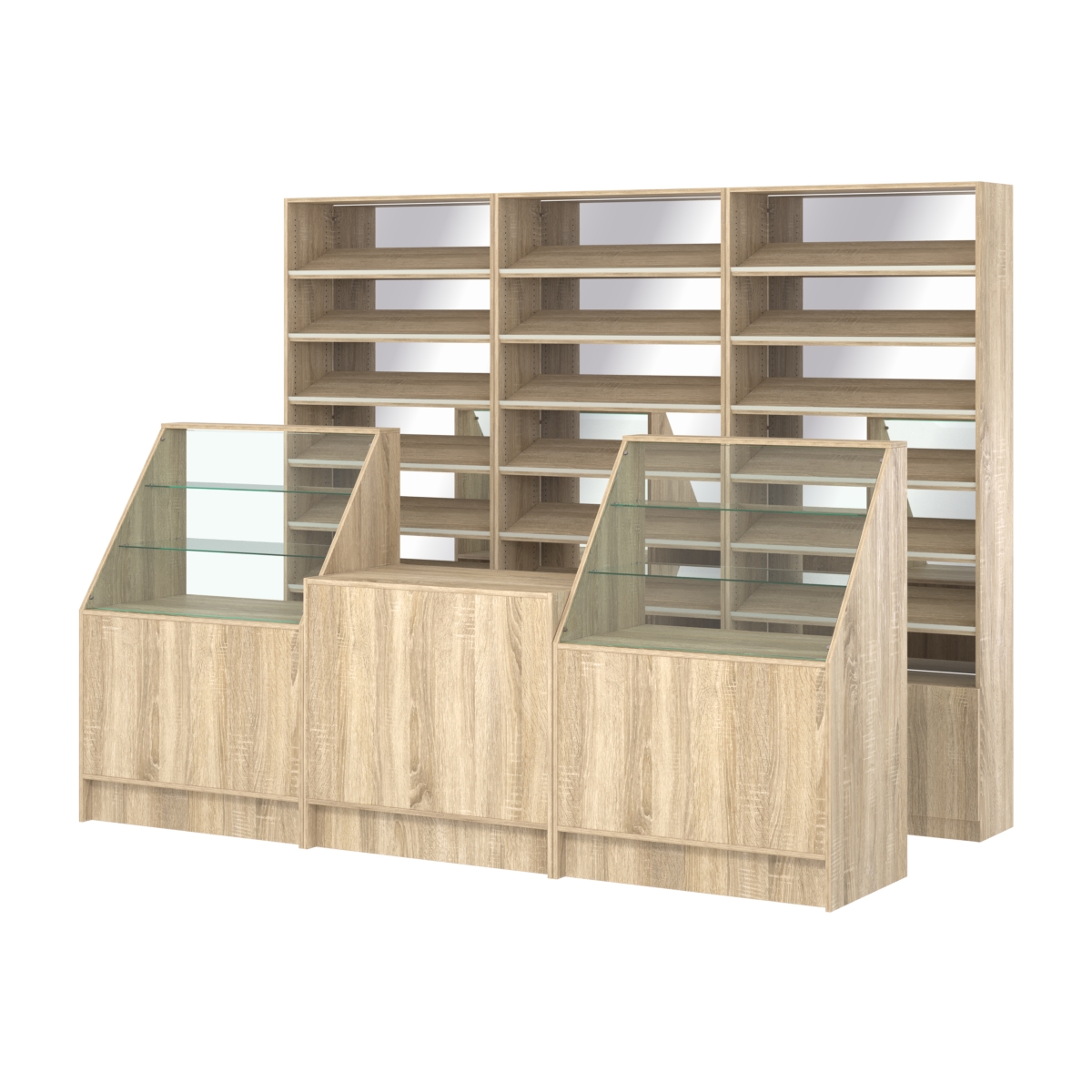 Комплект стеллажей с наклонными полками ДСП TI-6 №12-2 и прилавков ЭК-07 Дуб сонома