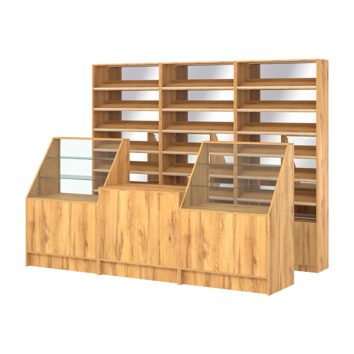 Комплект стеллажей с наклонными полками ДСП TI-6 №12-2 и прилавков ЭК-07 Дуб Золотистый