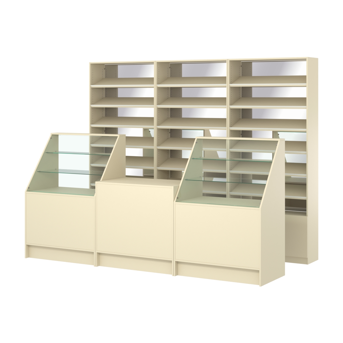 Комплект стеллажей с наклонными полками ДСП TI-6 №12-2 и прилавков ЭК-07 Крем Вайс