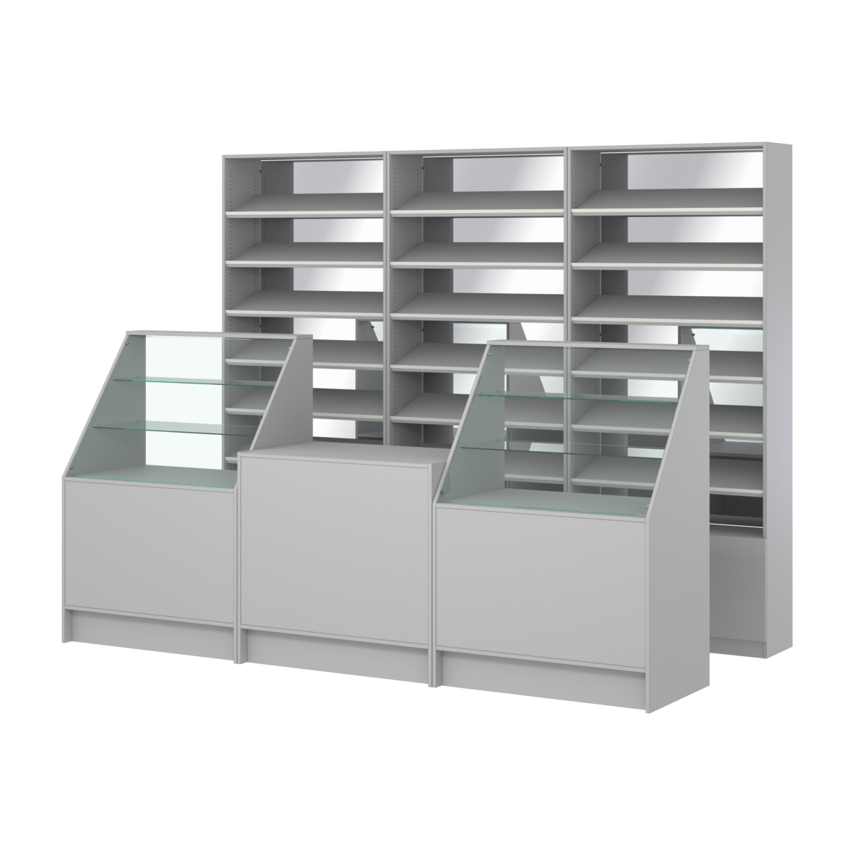 Комплект стеллажей с наклонными полками ДСП TI-6 №12-2 и прилавков ЭК-07 Серый