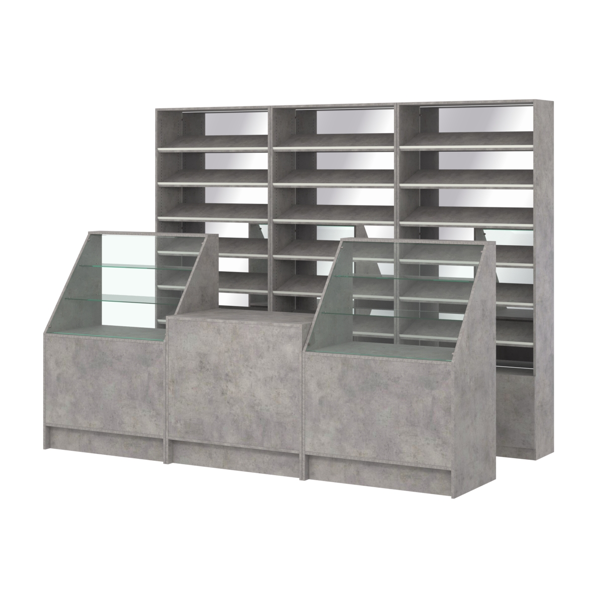 Комплект стеллажей с наклонными полками ДСП TI-6 №12-2 и прилавков ЭК-07 Бетон Чикаго светло-серый F186 ST9