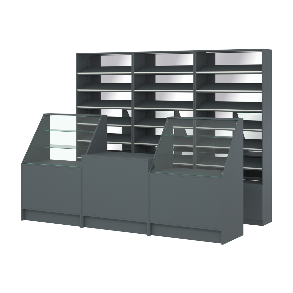 Комплект стеллажей с наклонными полками ДСП TI-6 №12-2 и прилавков ЭК-07 Темно-Серый