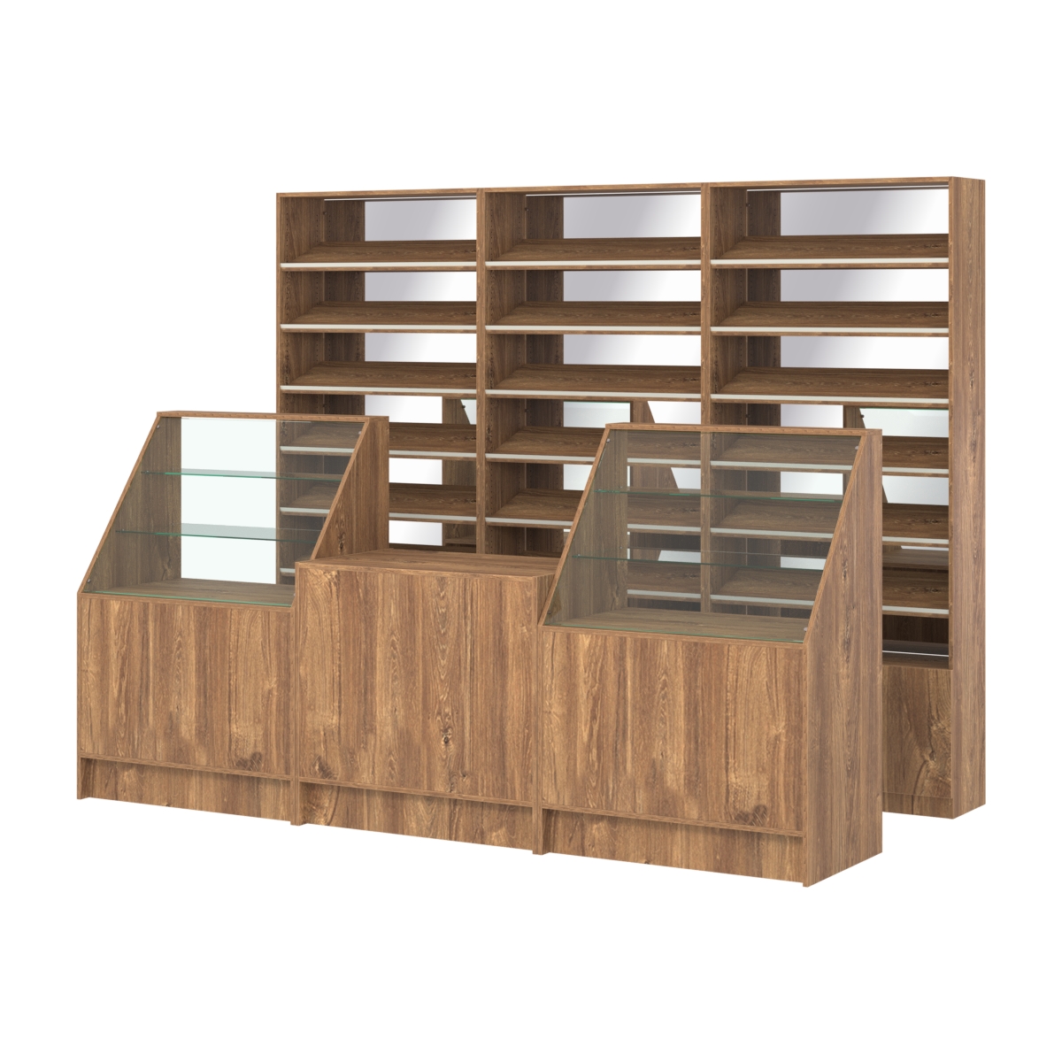 Комплект стеллажей с наклонными полками ДСП TI-6 №12-2 и прилавков ЭК-07 Дуб Канзас коричневый