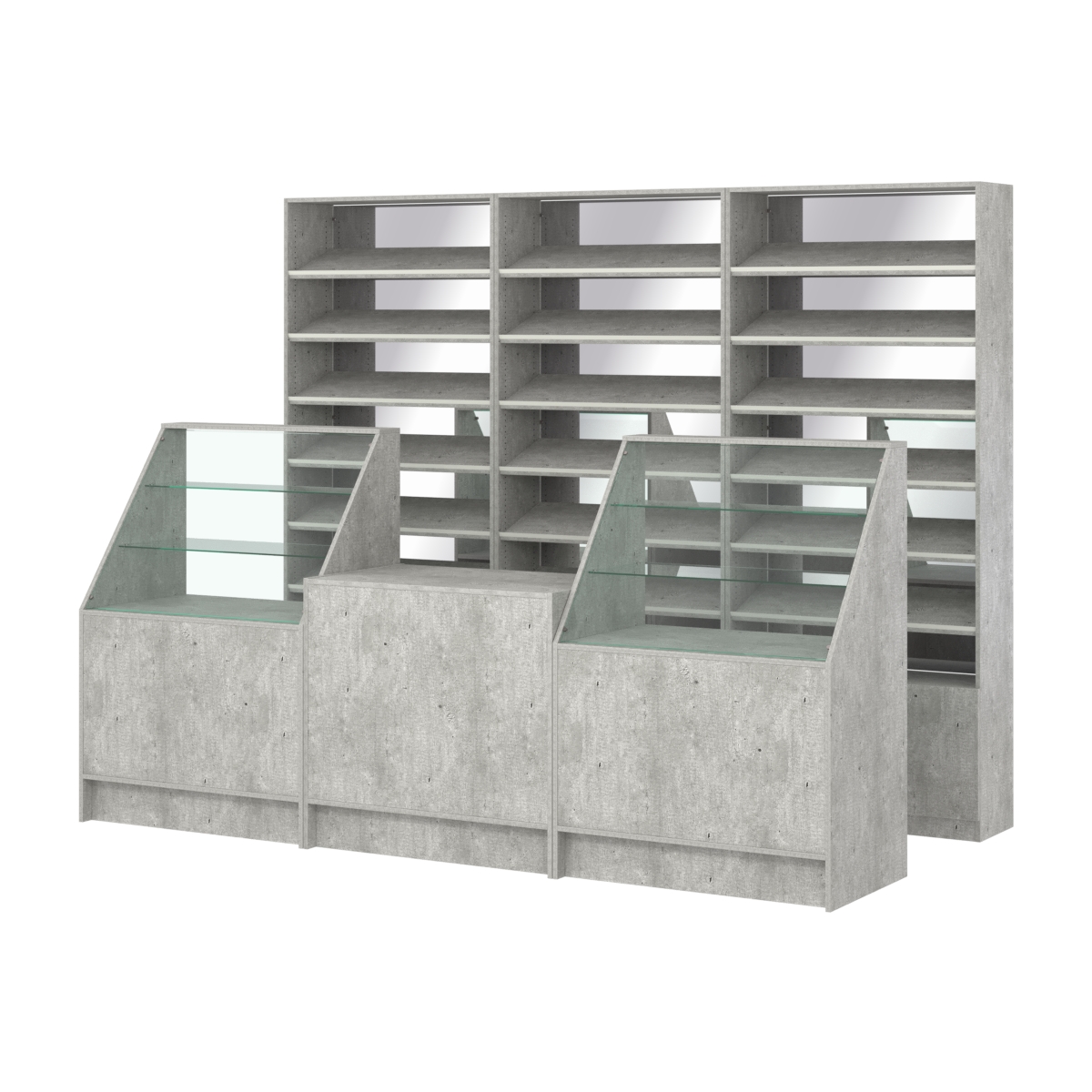 Комплект стеллажей с наклонными полками ДСП TI-6 №12-2 и прилавков ЭК-07 Метрополитан Грей