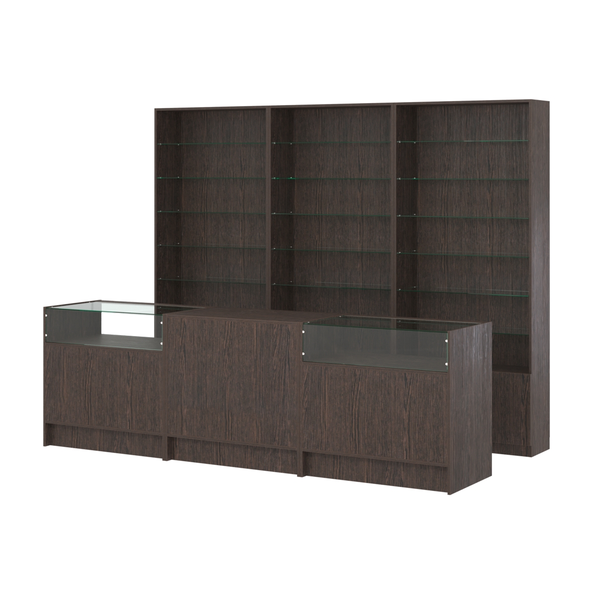 Комплект стеллажей со стеклянными полками U-6 №12 и прилавков ЭК-02 Дуб Венге