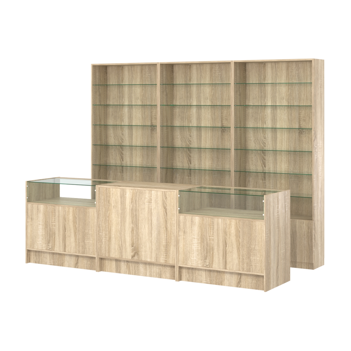 Комплект стеллажей со стеклянными полками U-6 №12 и прилавков ЭК-02 Дуб сонома