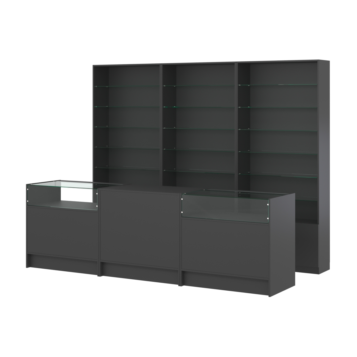 Комплект стеллажей со стеклянными полками U-6 №12 и прилавков ЭК-02 Черный