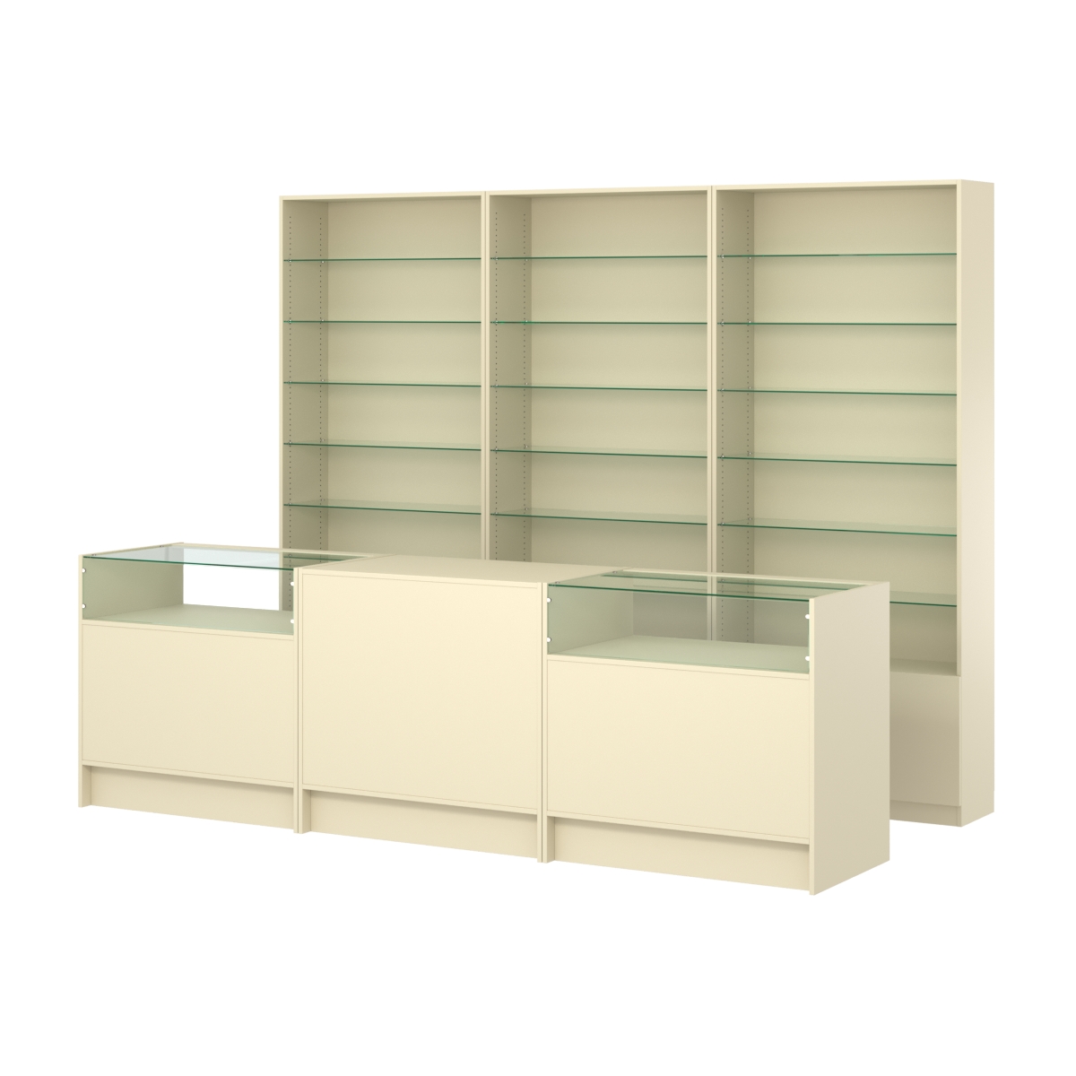 Комплект стеллажей со стеклянными полками U-6 №12 и прилавков ЭК-02 Крем Вайс