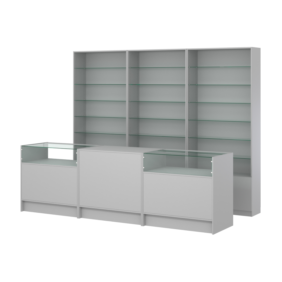 Комплект стеллажей со стеклянными полками U-6 №12 и прилавков ЭК-02 Серый