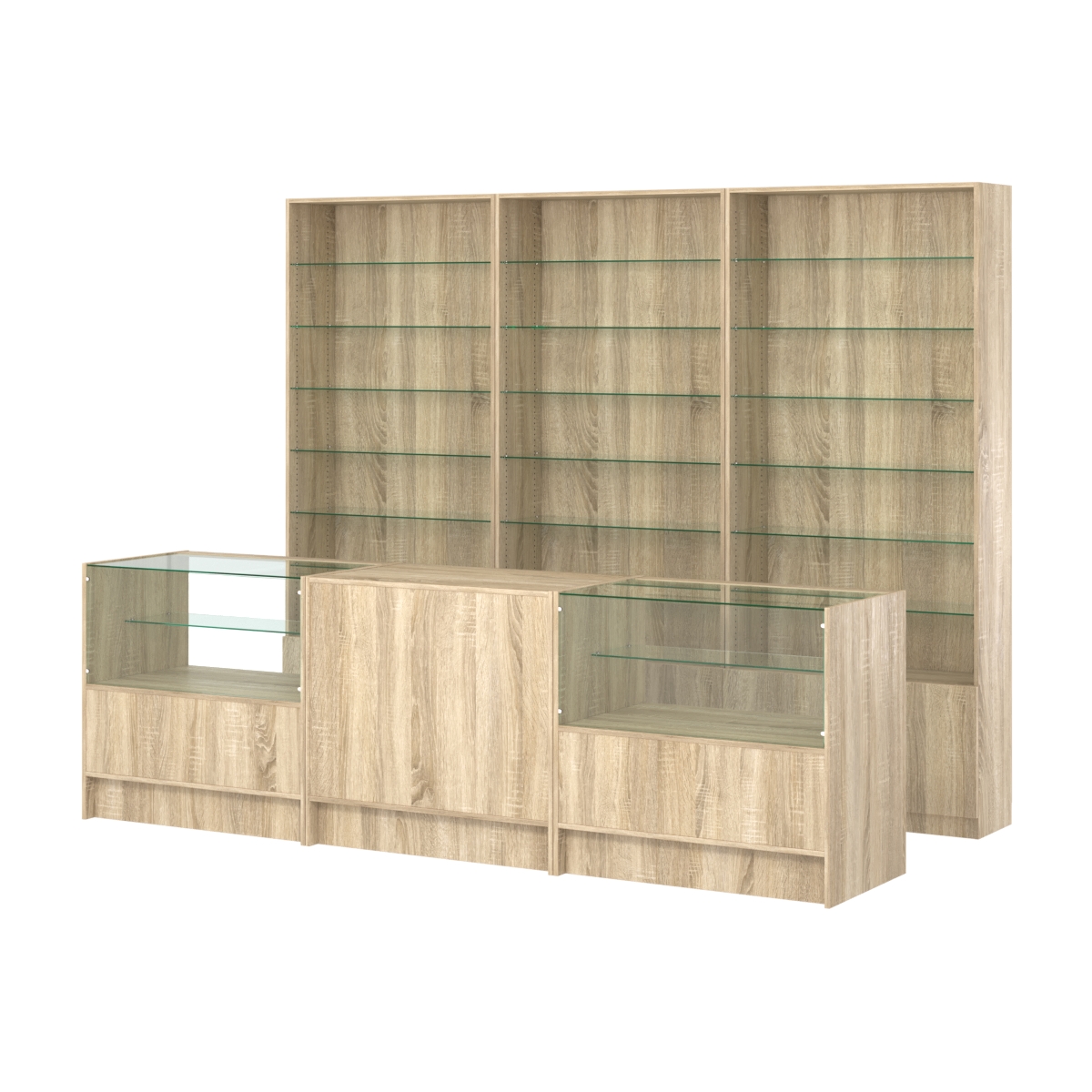 Комплект стеллажей со стеклянными полками U-6 №12 и прилавков ЭК-03 Дуб сонома