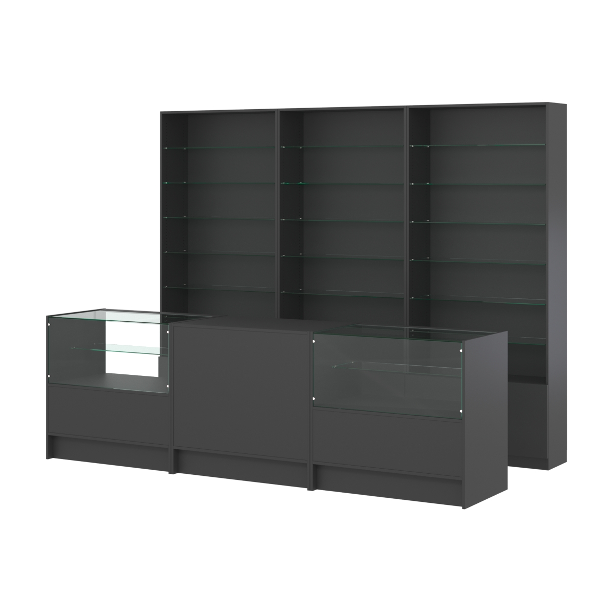 Комплект стеллажей со стеклянными полками U-6 №12 и прилавков ЭК-03 Черный