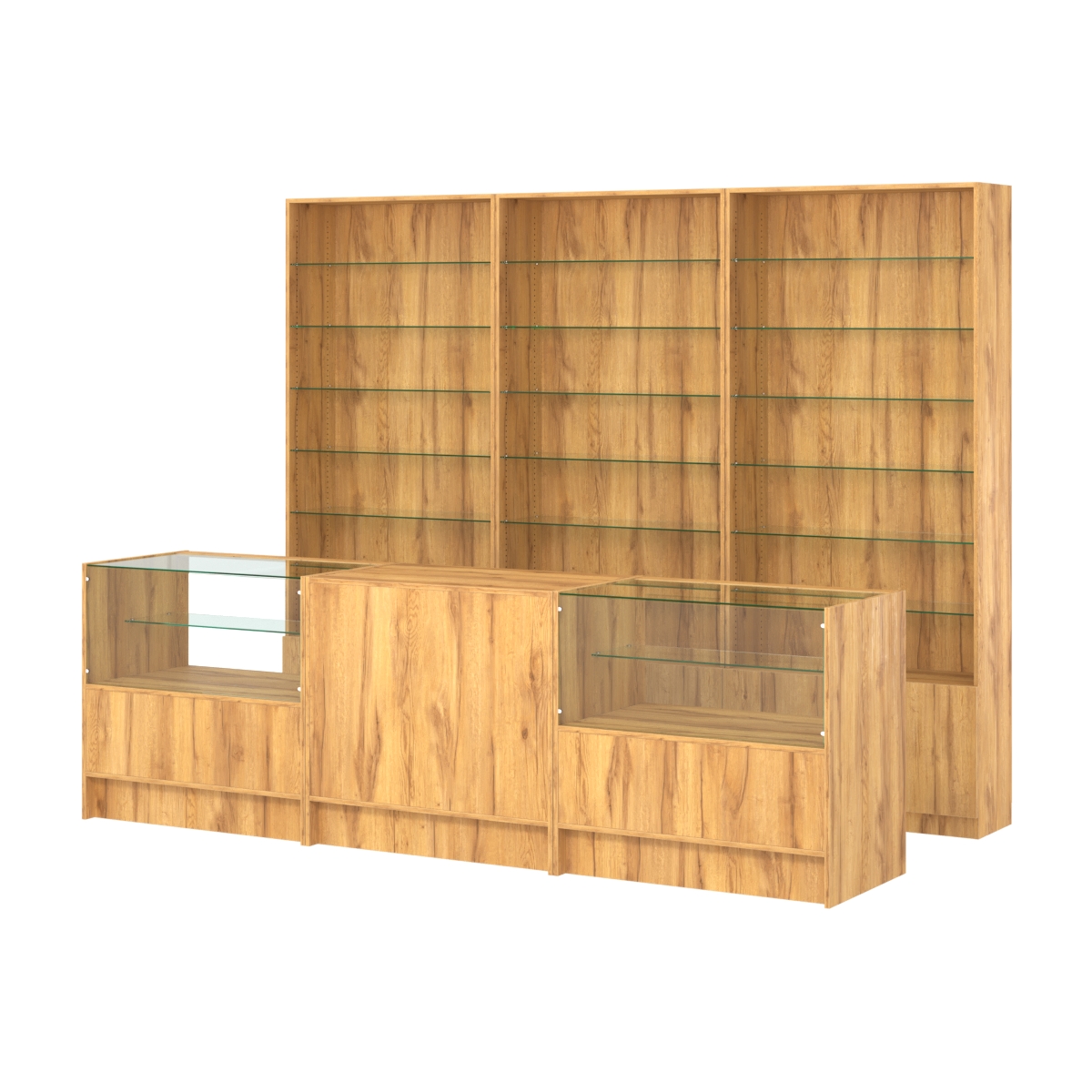Комплект стеллажей со стеклянными полками U-6 №12 и прилавков ЭК-03 Дуб Золотистый