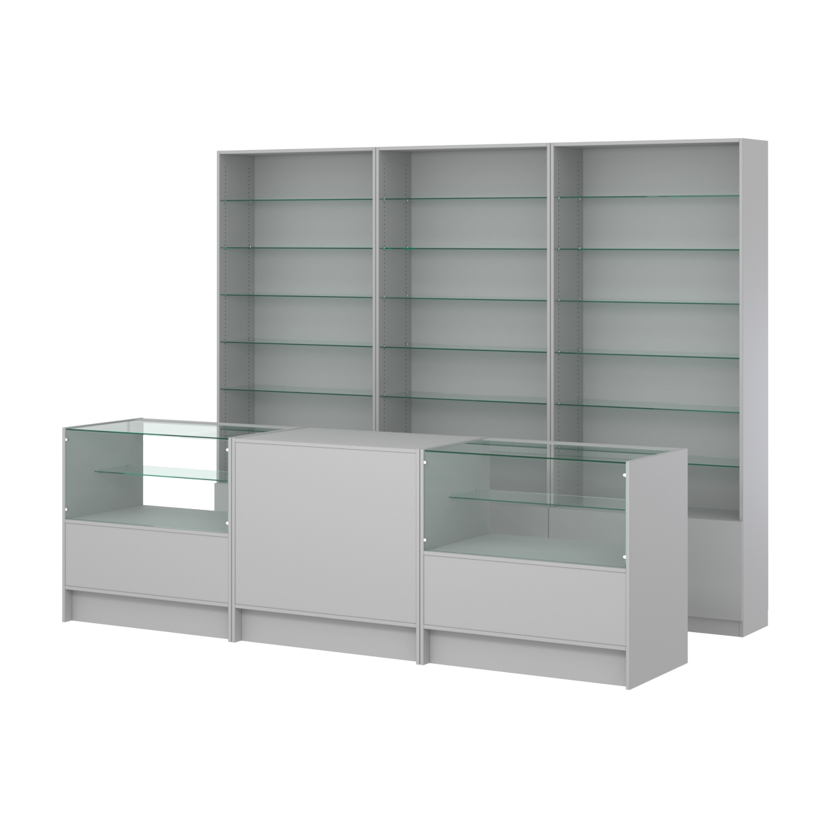 Комплект стеллажей со стеклянными полками U-6 №12 и прилавков ЭК-03 Серый