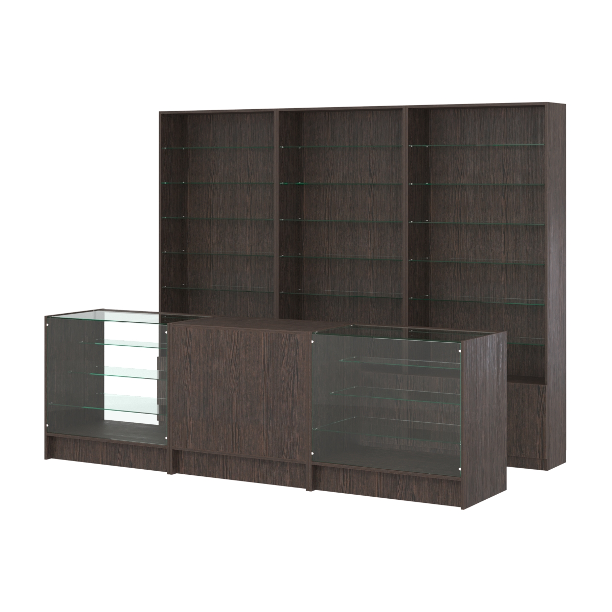 Комплект стеллажей со стеклянными полками U-6 №12 и прилавков ЭК-04 Дуб Венге