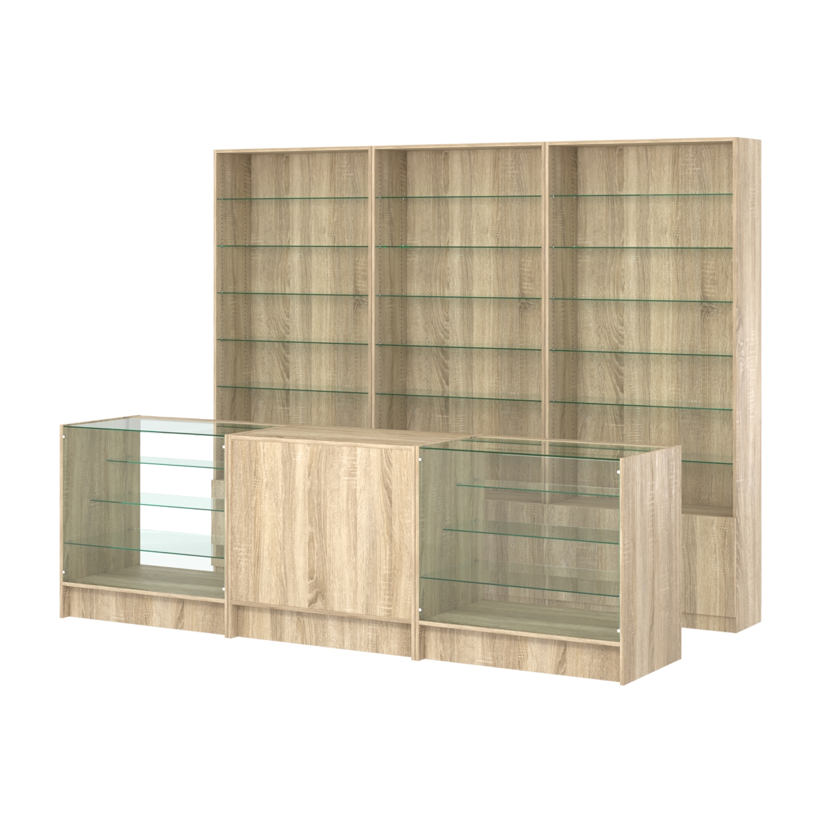 Комплект стеллажей со стеклянными полками U-6 №12 и прилавков ЭК-04 Дуб сонома