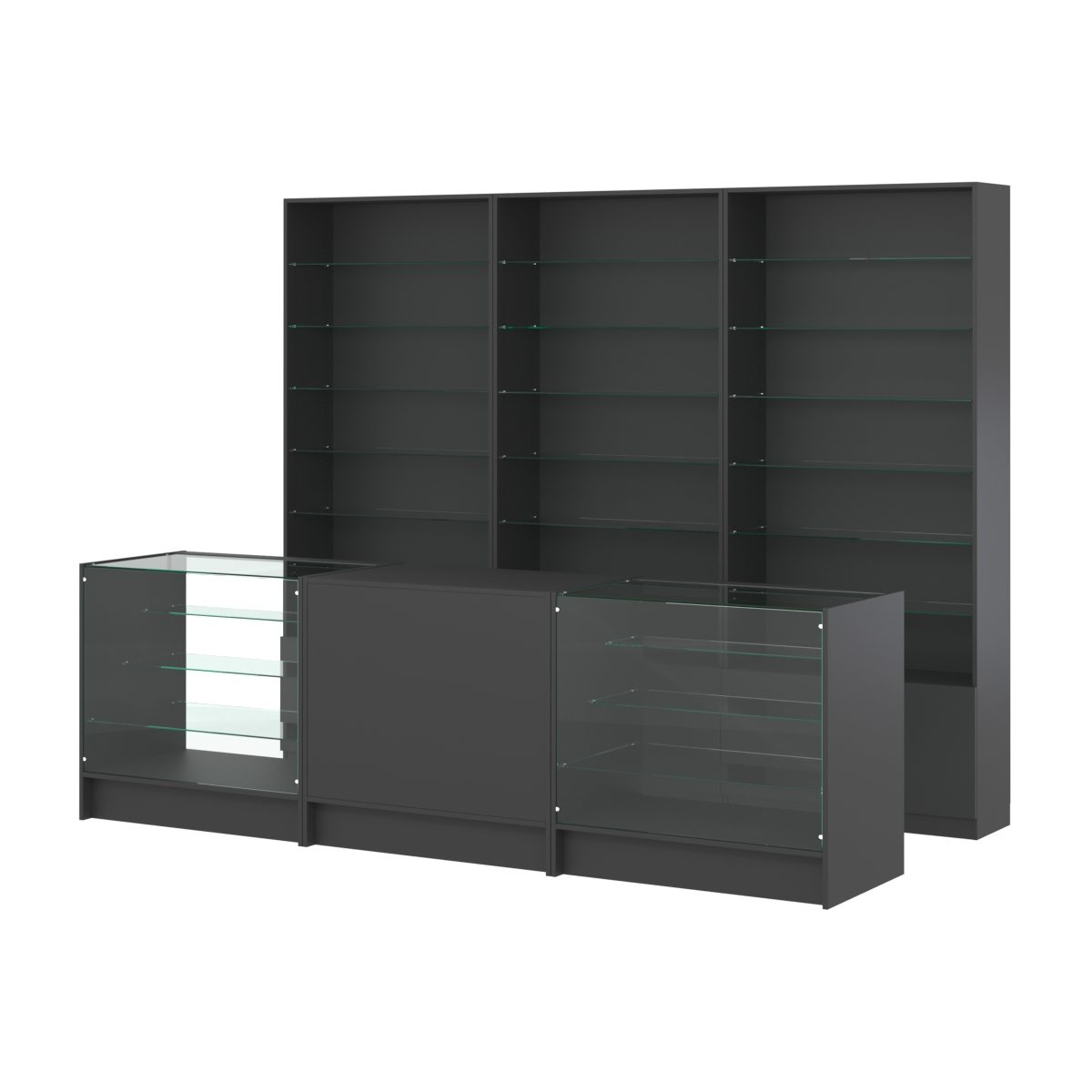 Комплект стеллажей со стеклянными полками U-6 №12 и прилавков ЭК-04 Черный