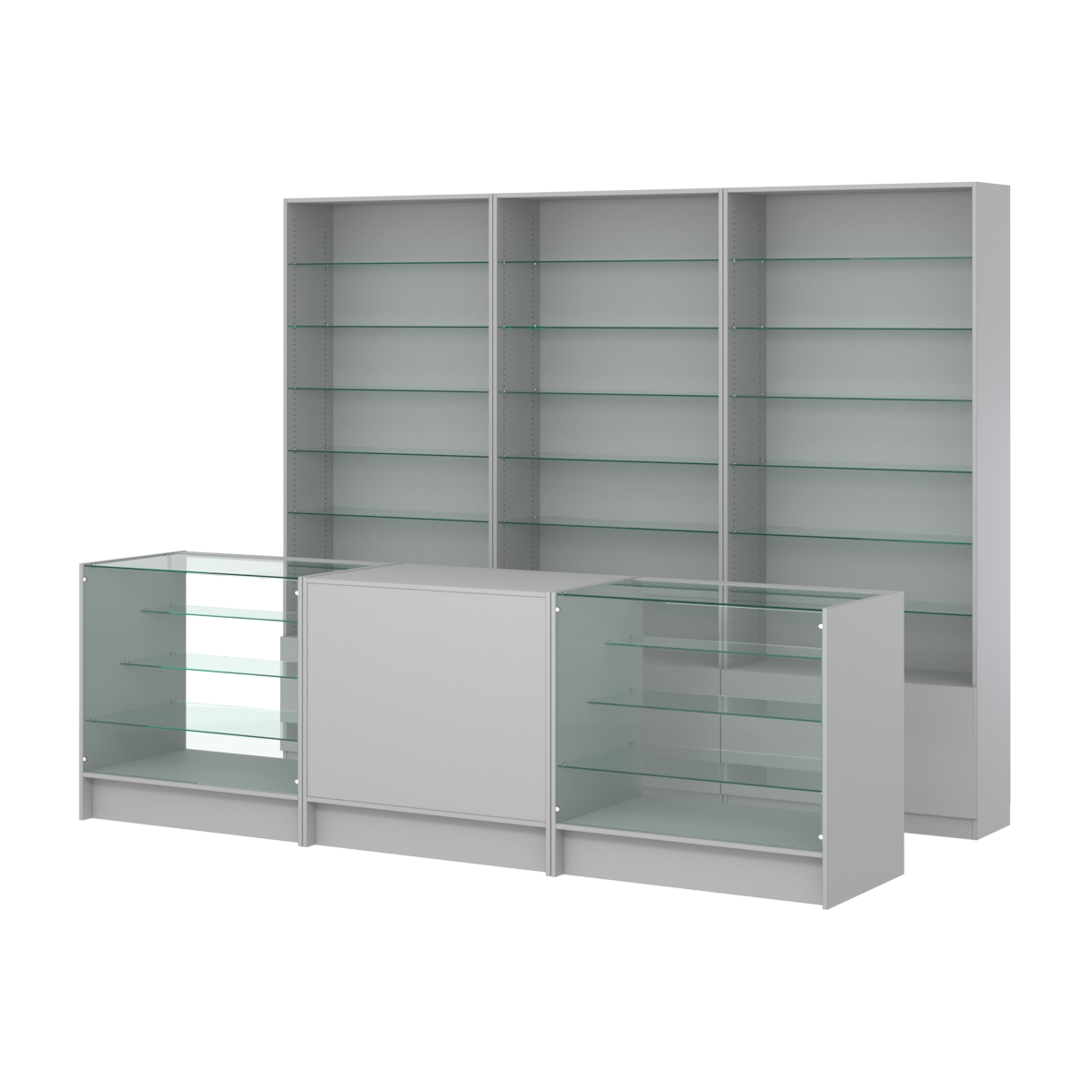 Комплект стеллажей со стеклянными полками U-6 №12 и прилавков ЭК-04 Серый