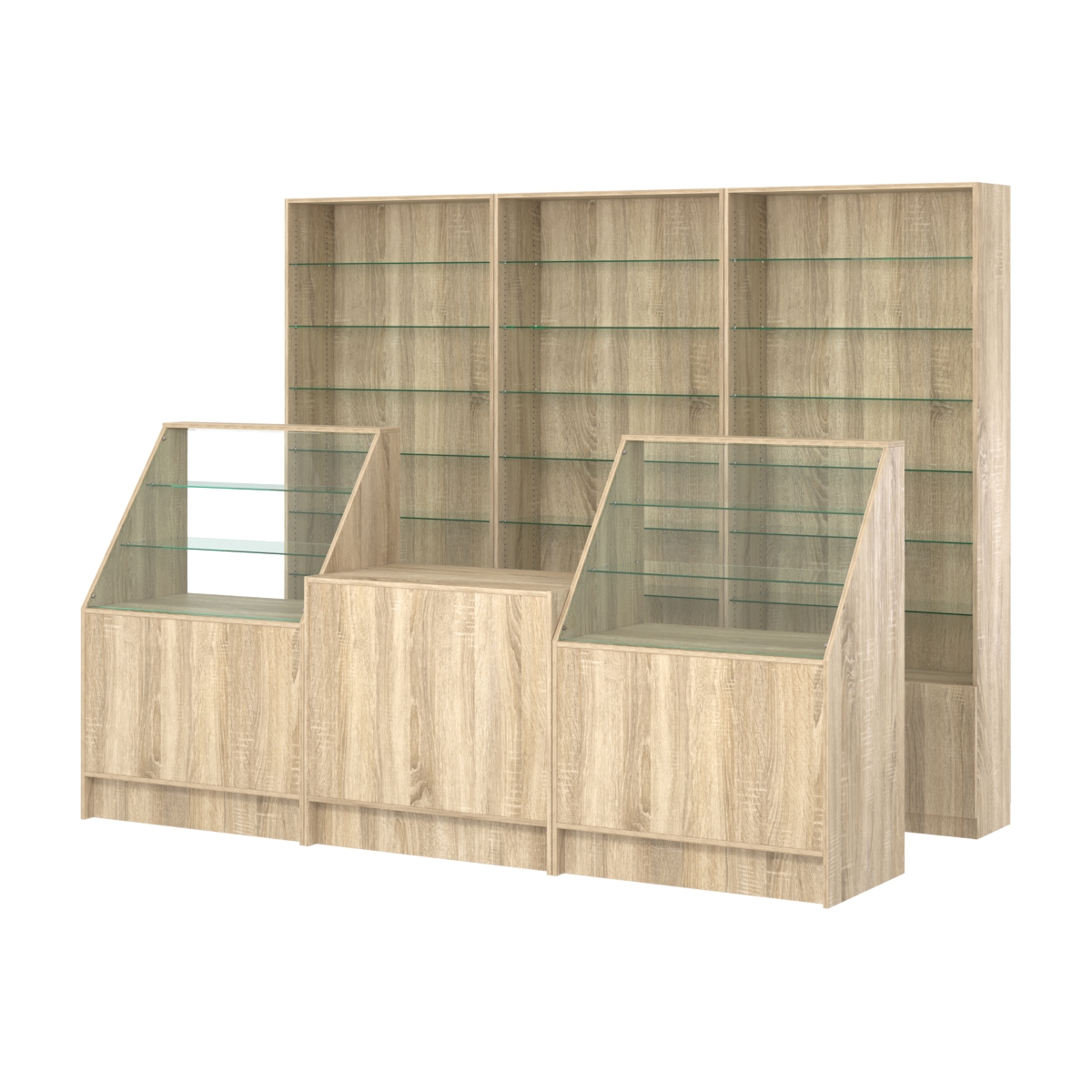 Комплект стеллажей со стеклянными полками U-6 №12 и прилавков ЭК-07 Дуб сонома