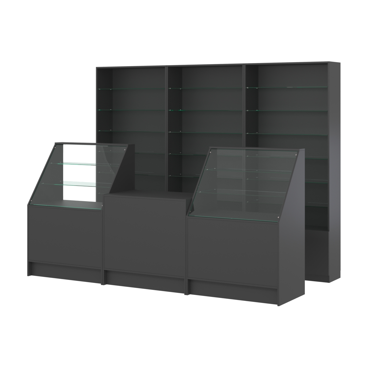Комплект стеллажей со стеклянными полками U-6 №12 и прилавков ЭК-07 Черный
