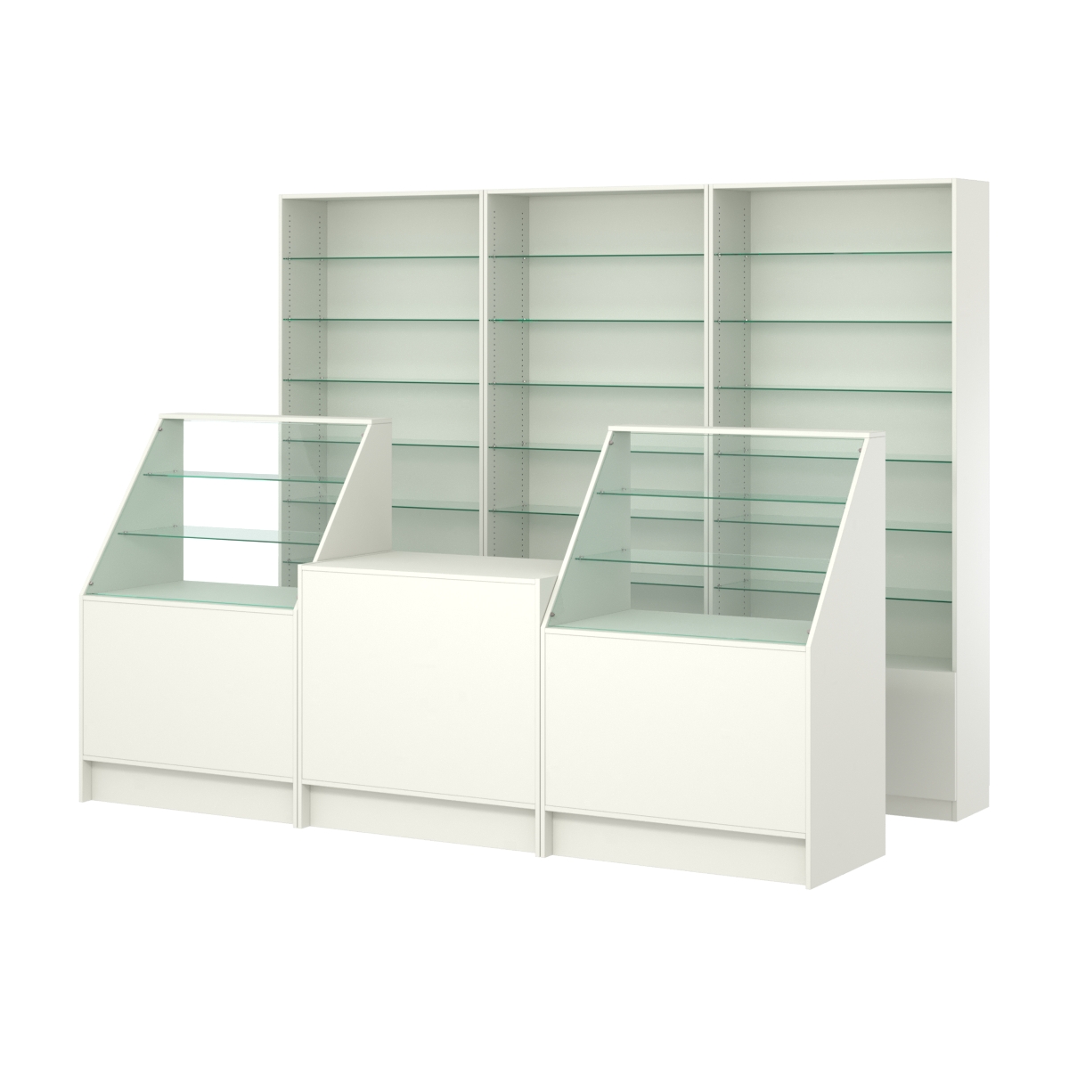 Комплект стеллажей со стеклянными полками U-6 №12 и прилавков ЭК-07 Белый