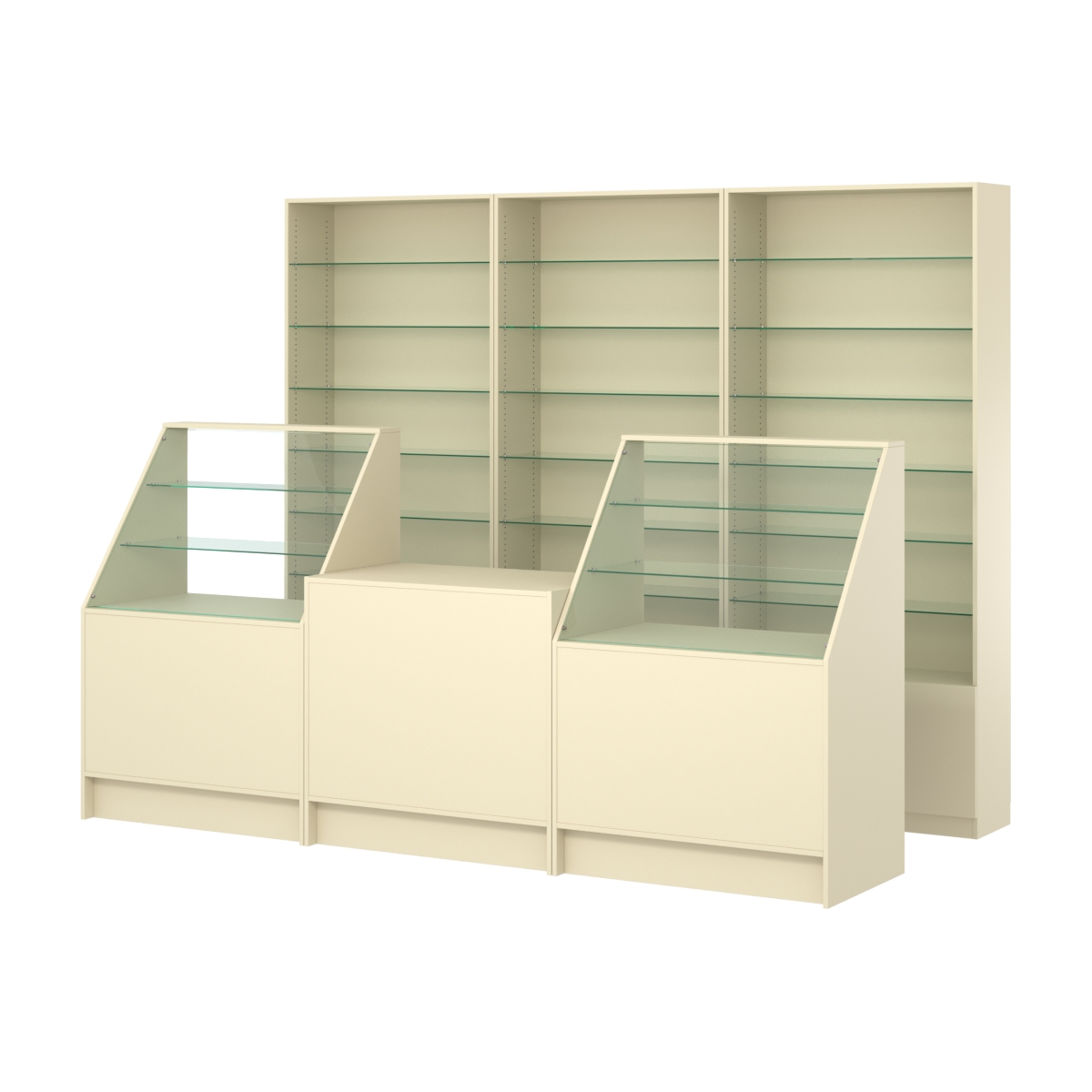 Комплект стеллажей со стеклянными полками U-6 №12 и прилавков ЭК-07 Крем Вайс