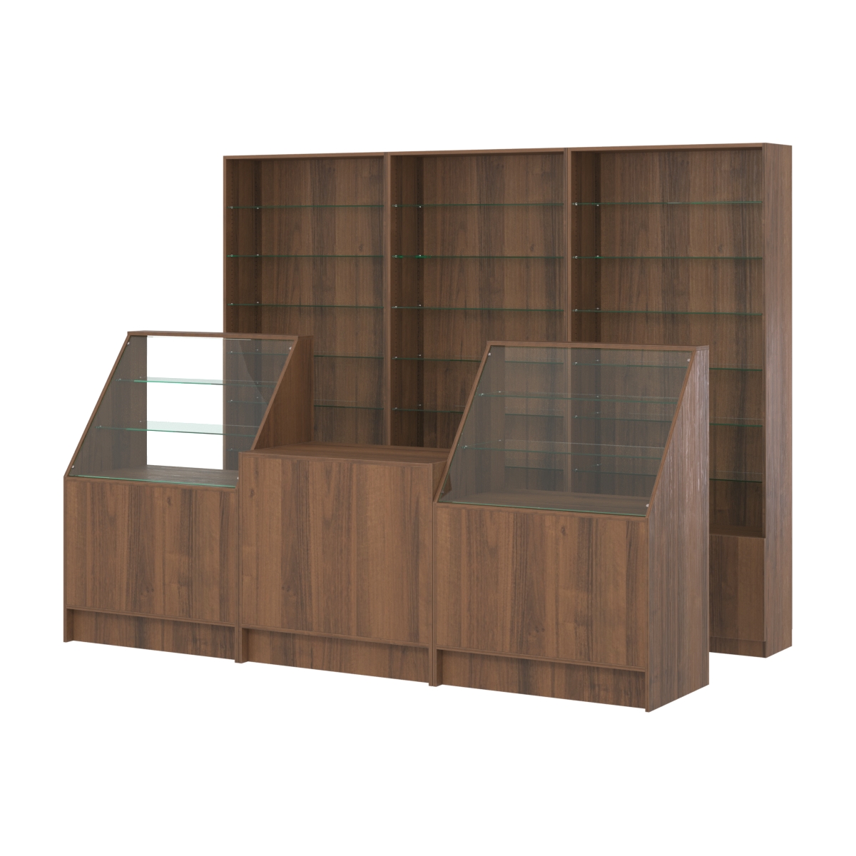 Комплект стеллажей со стеклянными полками U-6 №12 и прилавков ЭК-07 Орех