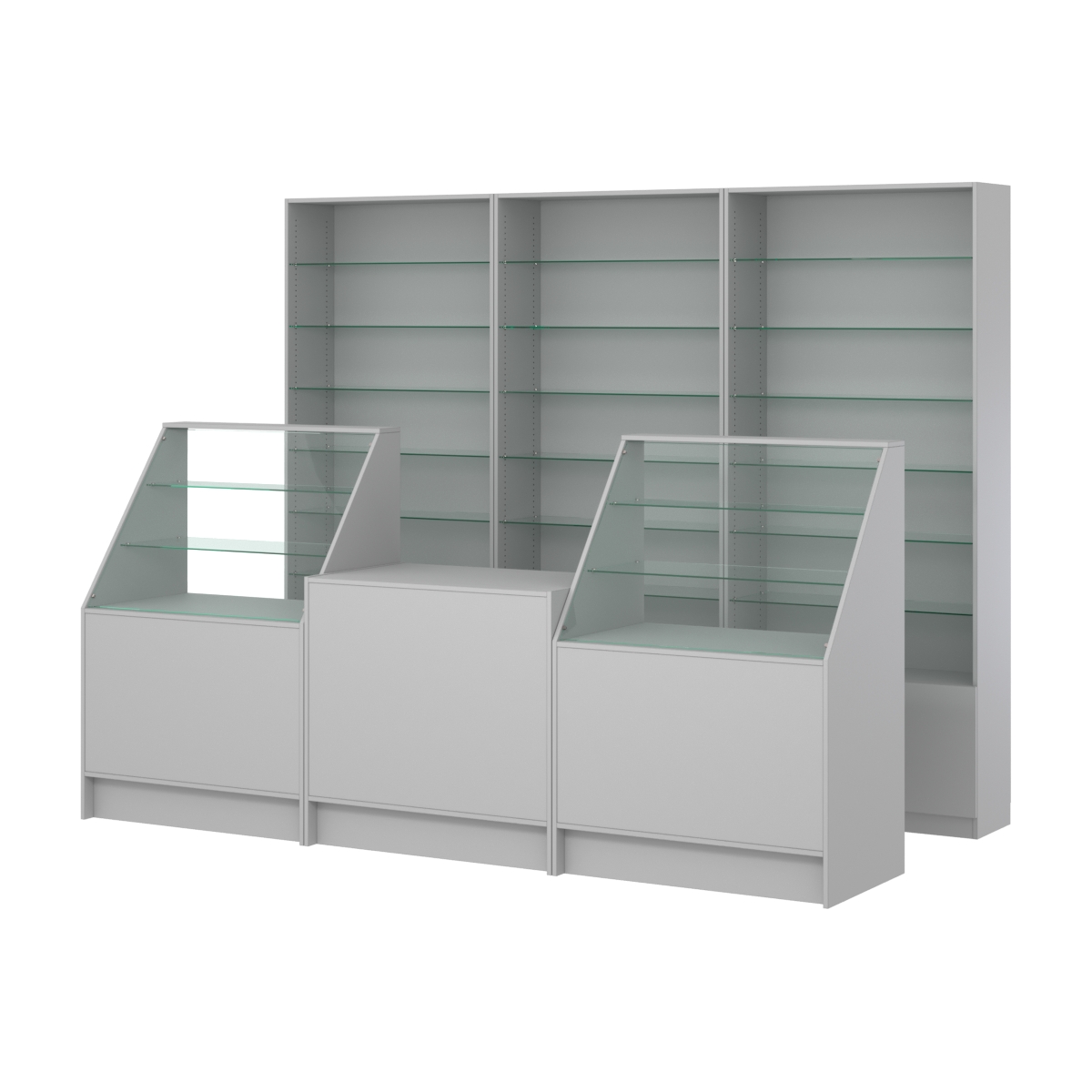 Комплект стеллажей со стеклянными полками U-6 №12 и прилавков ЭК-07 Серый