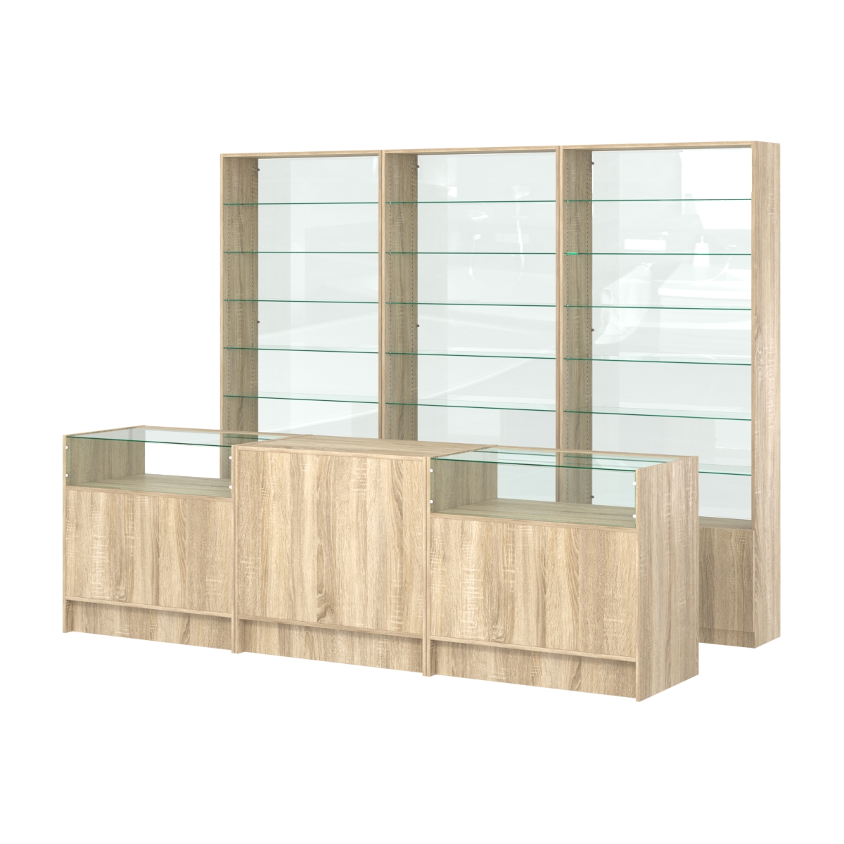 Комплект стеллажей со стеклянными полками U-6 №12-1 и прилавков ЭК-02 Дуб сонома