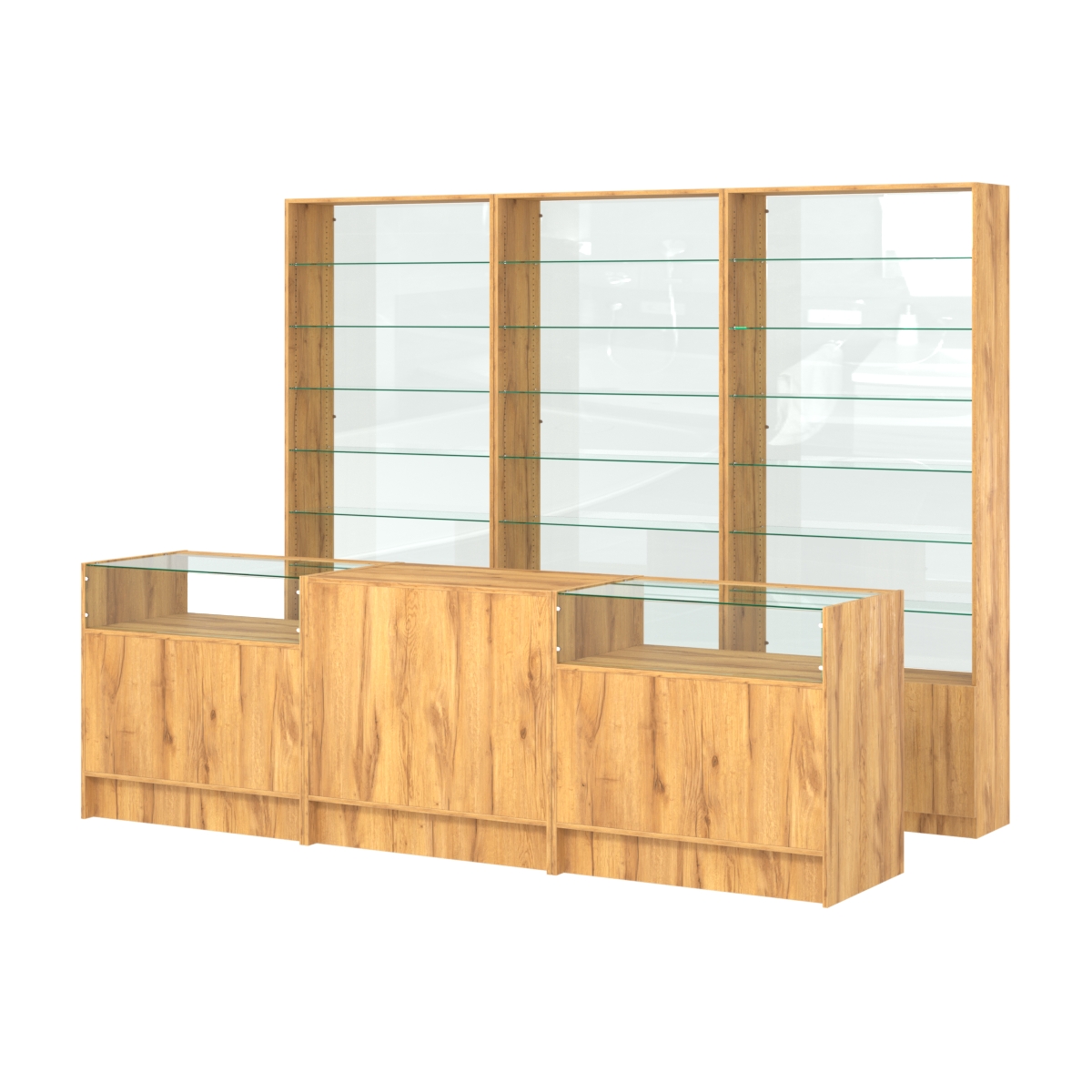 Комплект стеллажей со стеклянными полками U-6 №12-1 и прилавков ЭК-02 Дуб Золотистый