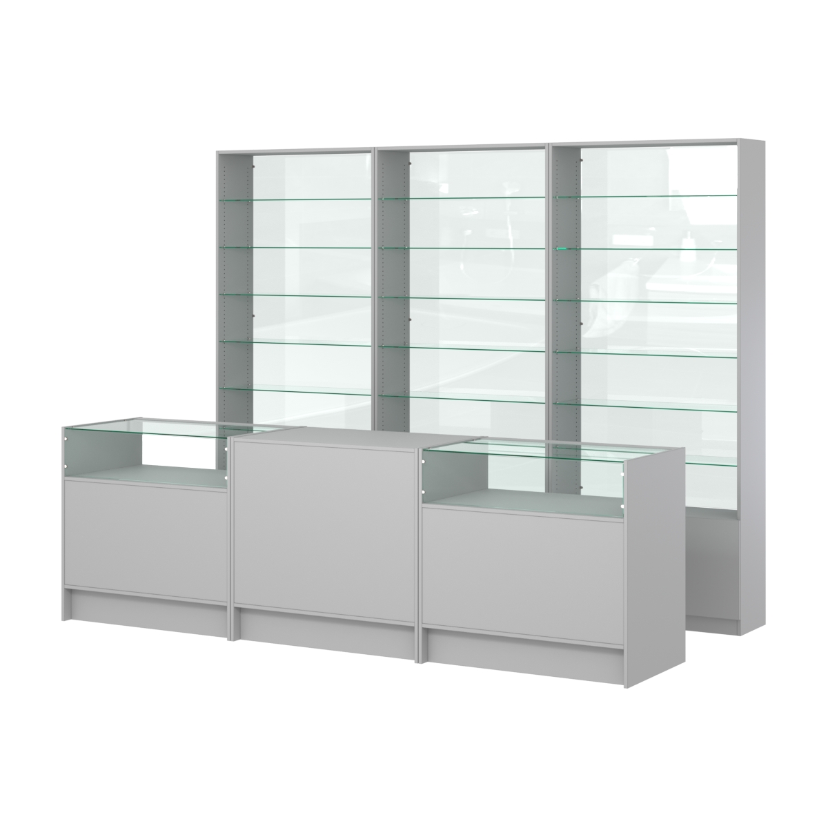 Комплект стеллажей со стеклянными полками U-6 №12-1 и прилавков ЭК-02 Серый