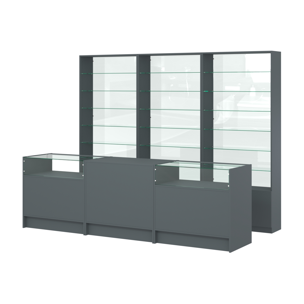 Комплект стеллажей со стеклянными полками U-6 №12-1 и прилавков ЭК-02 Темно-Серый