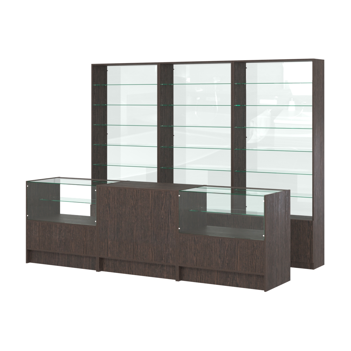 Комплект стеллажей со стеклянными полками U-6 №12-1 и прилавков ЭК-03 Дуб Венге
