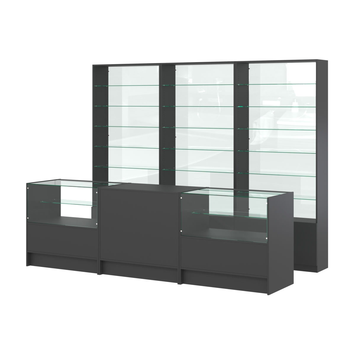 Комплект стеллажей со стеклянными полками U-6 №12-1 и прилавков ЭК-03 Черный