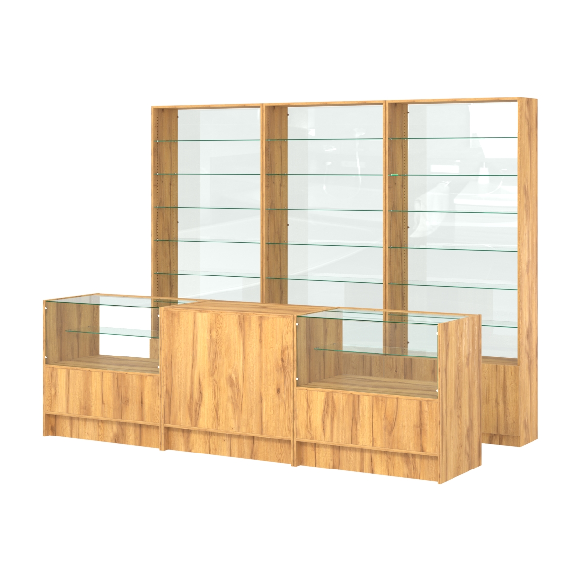 Комплект стеллажей со стеклянными полками U-6 №12-1 и прилавков ЭК-03 Дуб Золотистый