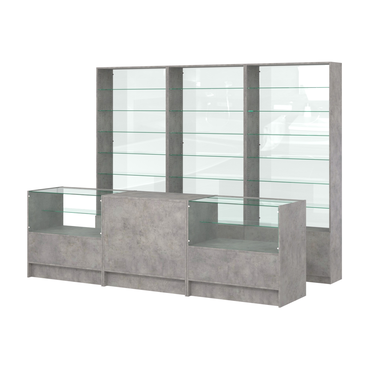 Комплект стеллажей со стеклянными полками U-6 №12-1 и прилавков ЭК-03 Бетон Чикаго светло-серый F186 ST9