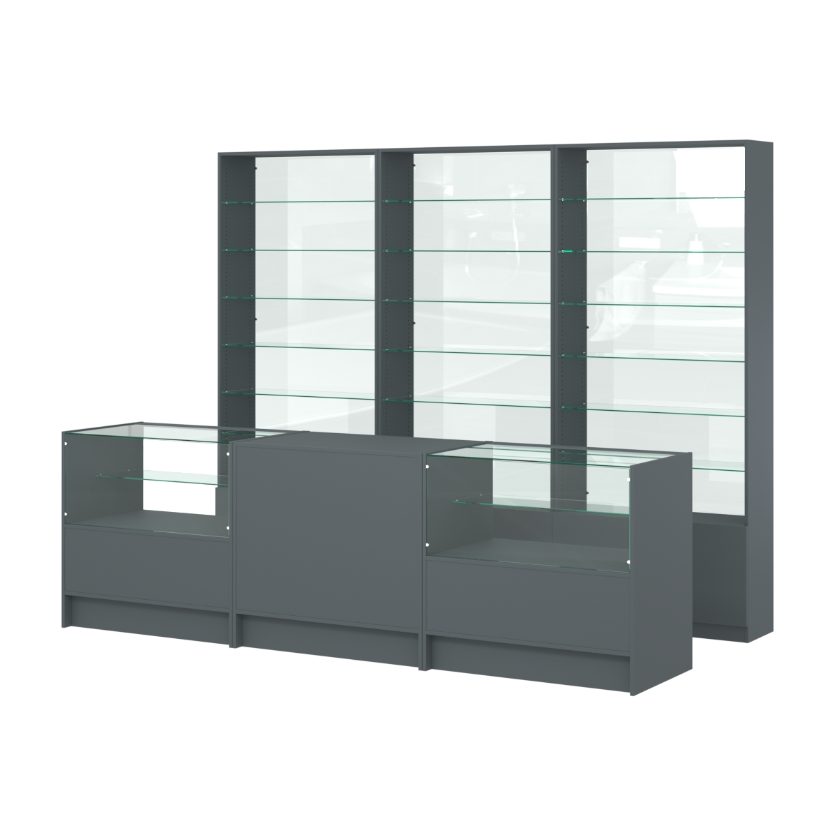 Комплект стеллажей со стеклянными полками U-6 №12-1 и прилавков ЭК-03 Темно-Серый